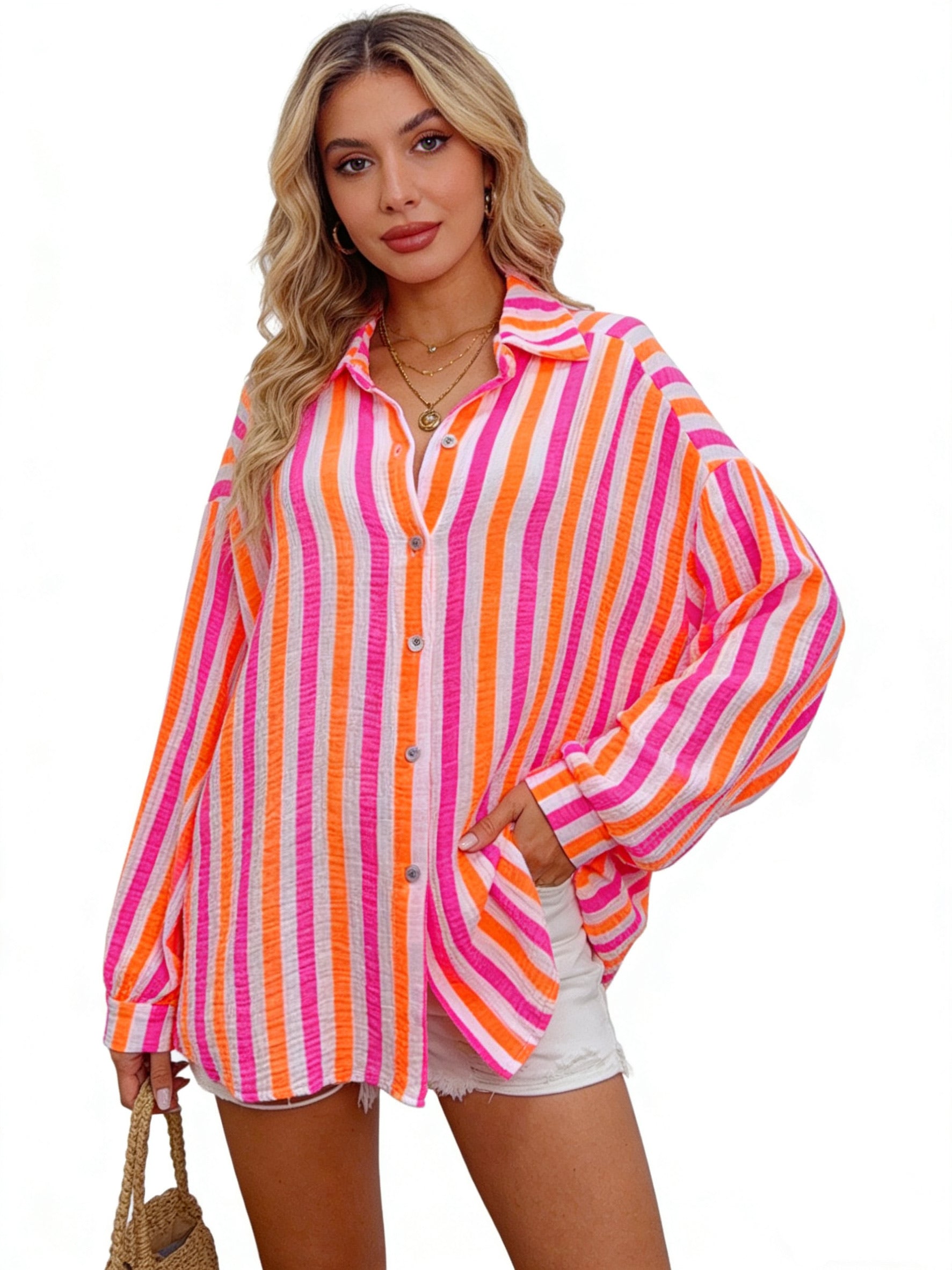 Chemise en gaze de coton rayée FÉLICIE Fluo Blanc