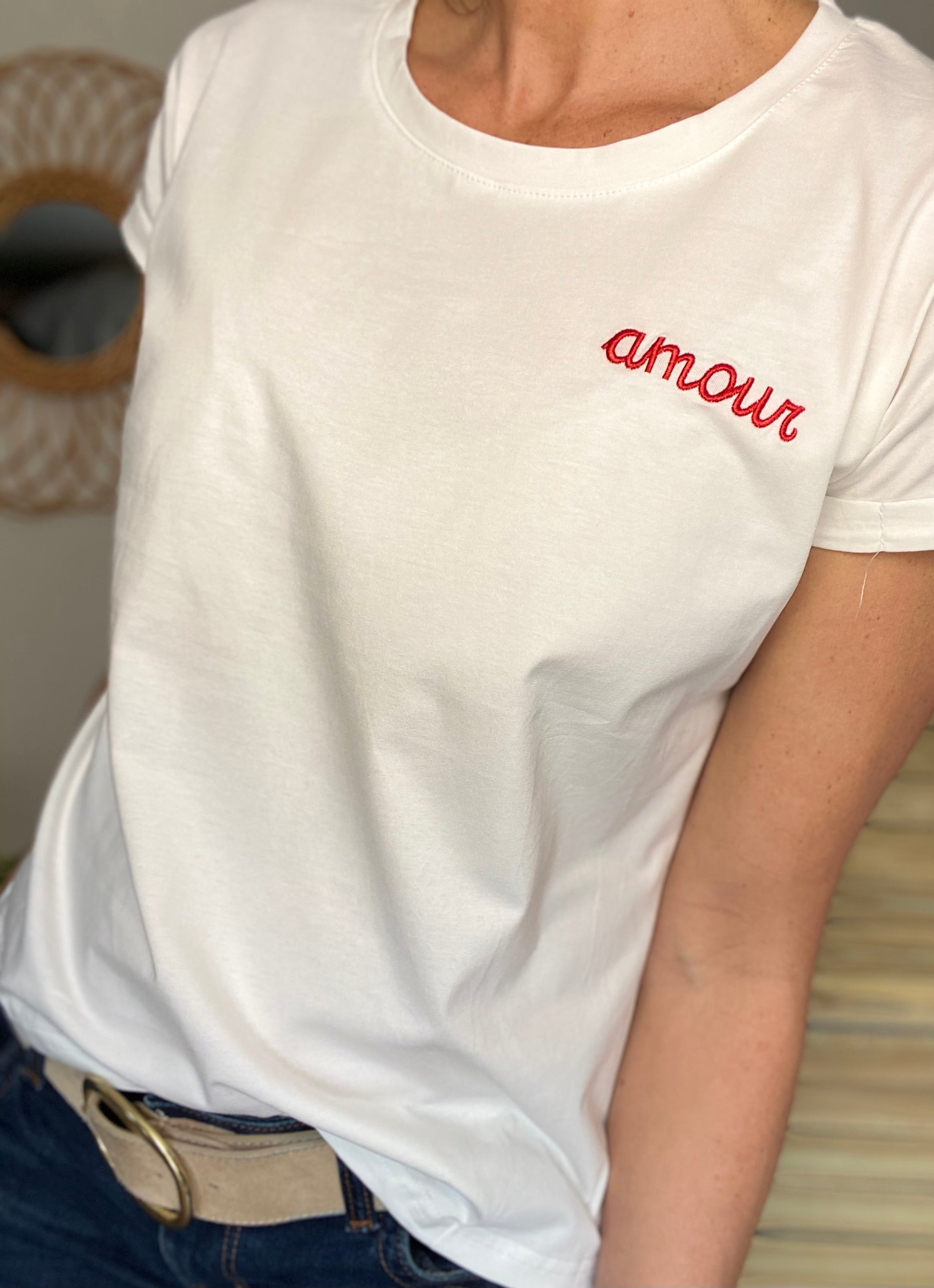 Tee shirt Écru amour brodé Rouge - MARIA