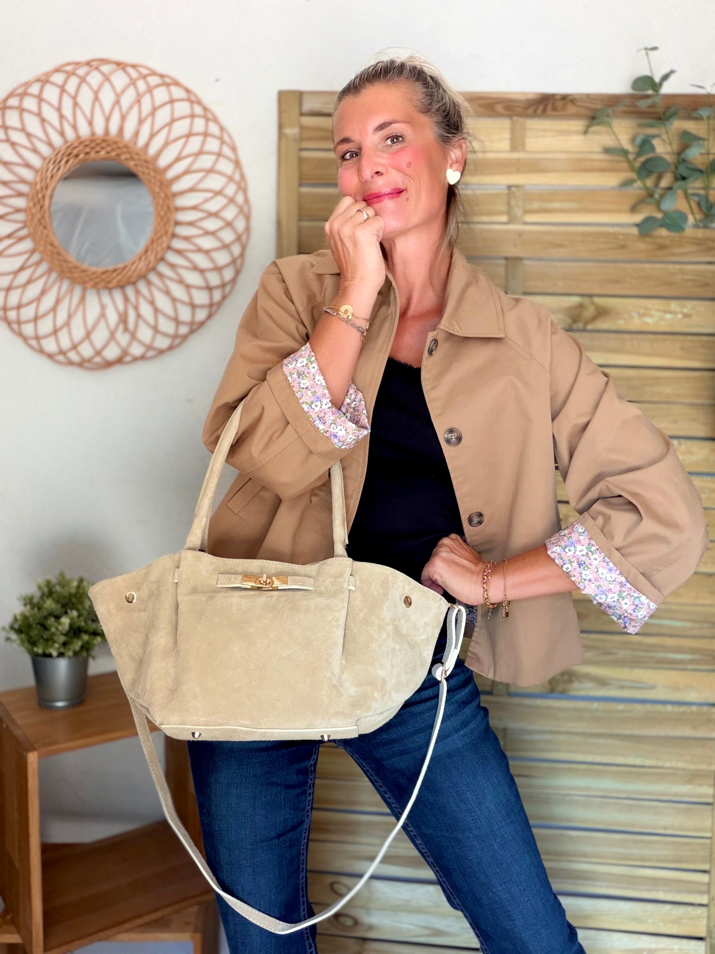 Sac cabas en cuir daim HANA - Beige