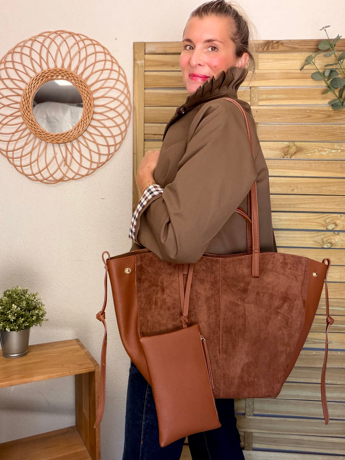 Grand Sac cabas 2 en 1 en simili daim - PAULE Camel