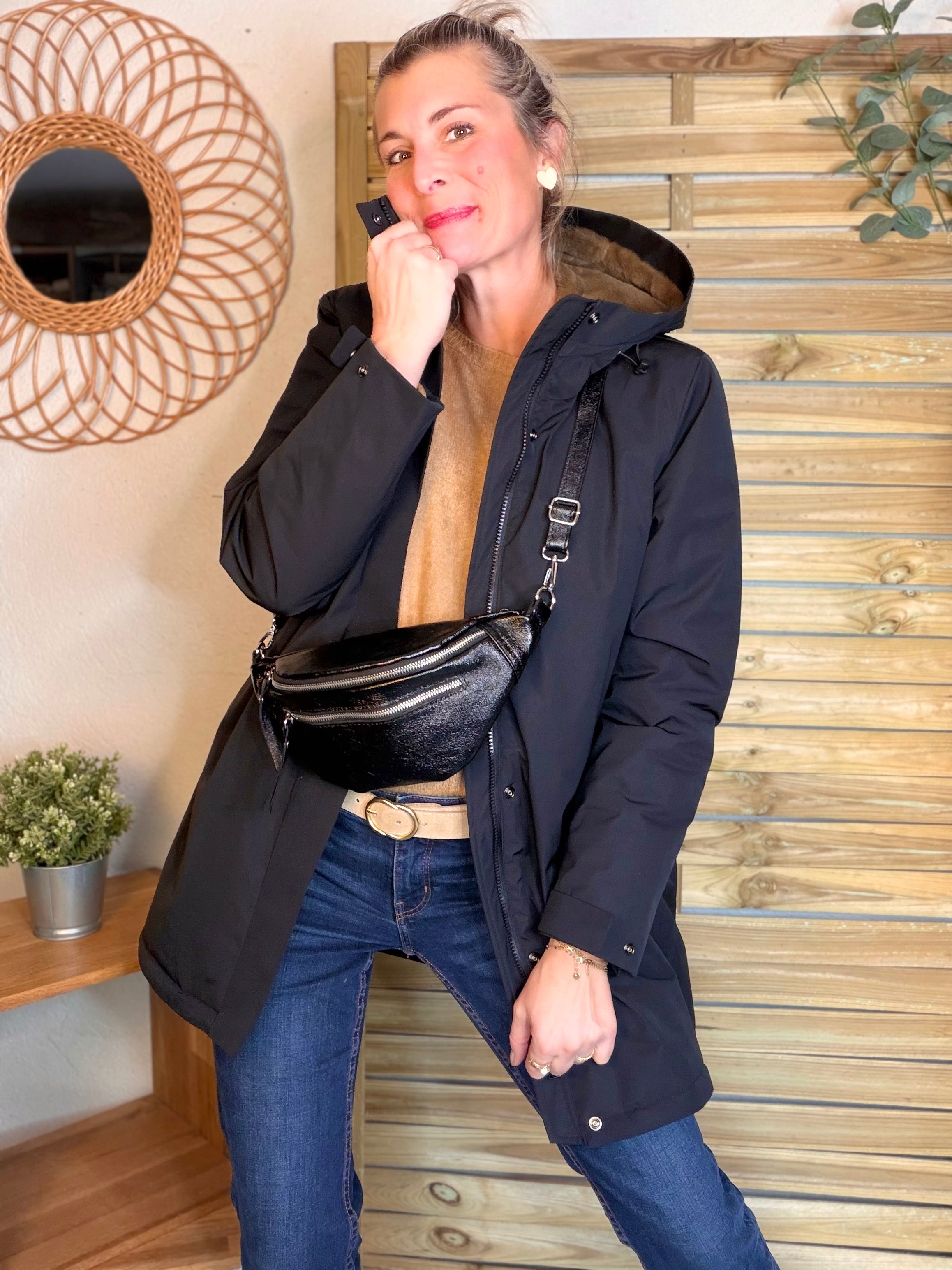Sac banane en cuir irisé double poche - OPALE - noir