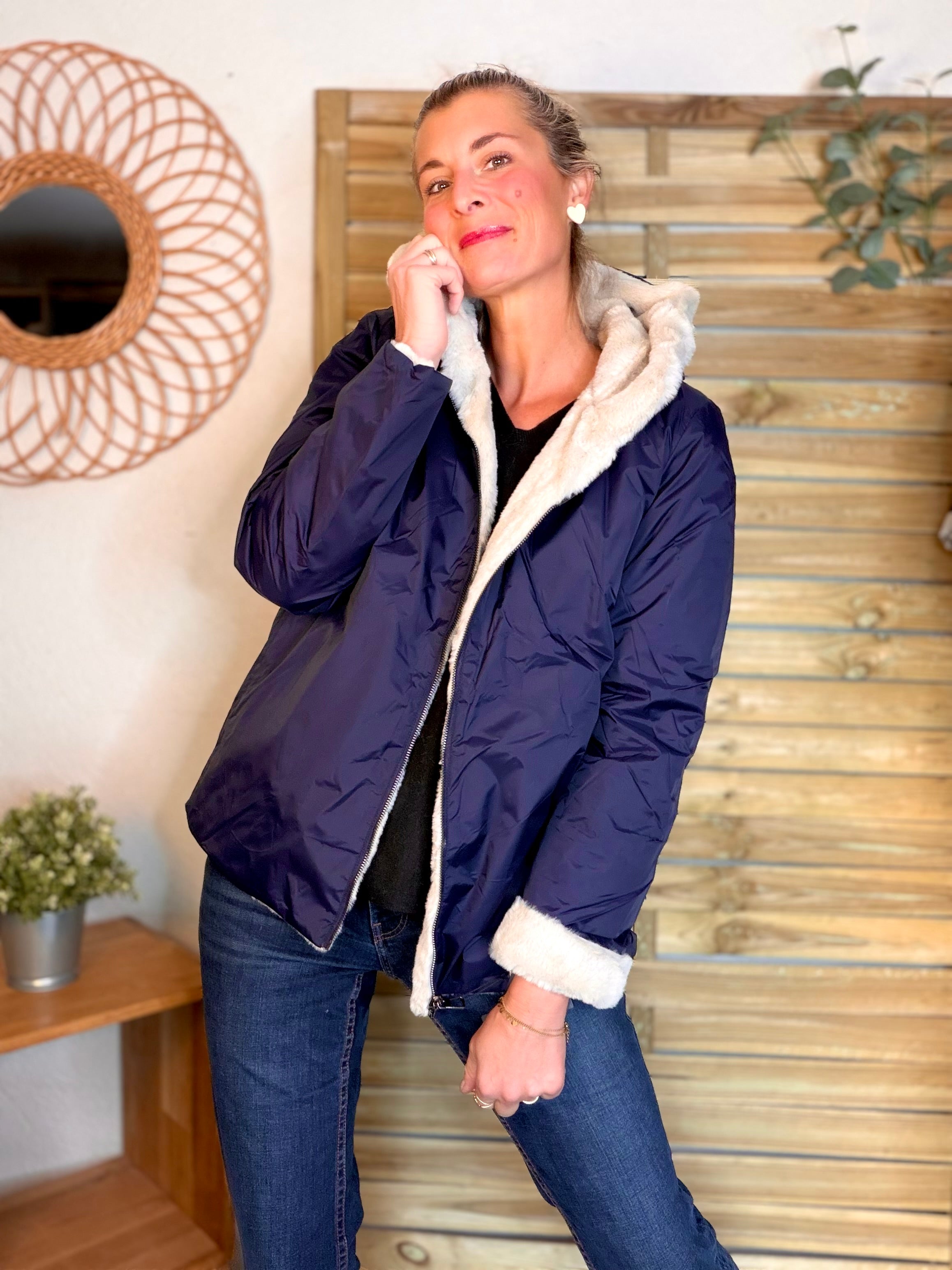 Parka Imperméable réversible fourrée Marine / Beige ALIX Court - LAURA JO