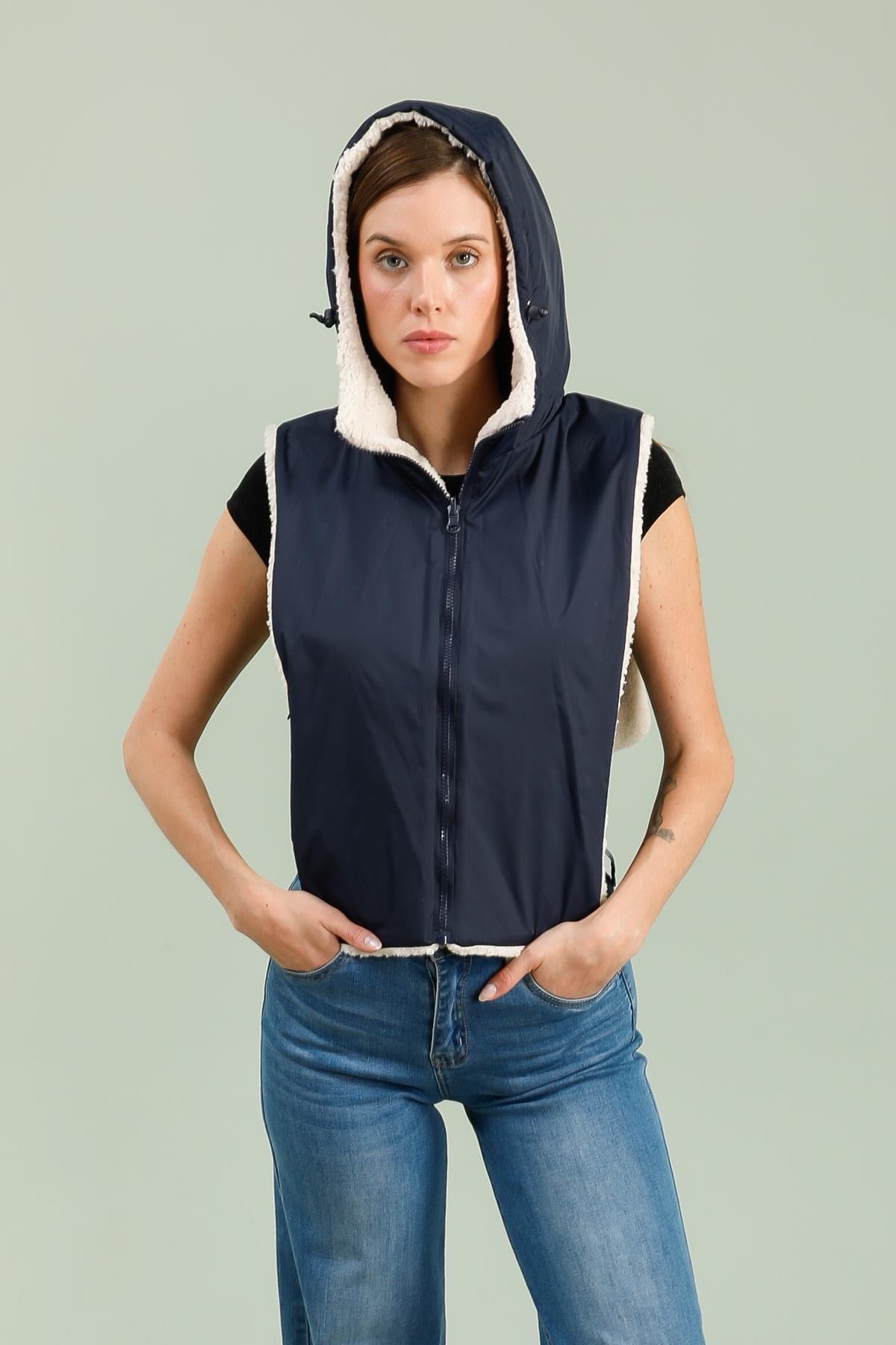 Col capuche amovible réversible  - Bleu marine / Sherpa écru TONY - LAURA JO
