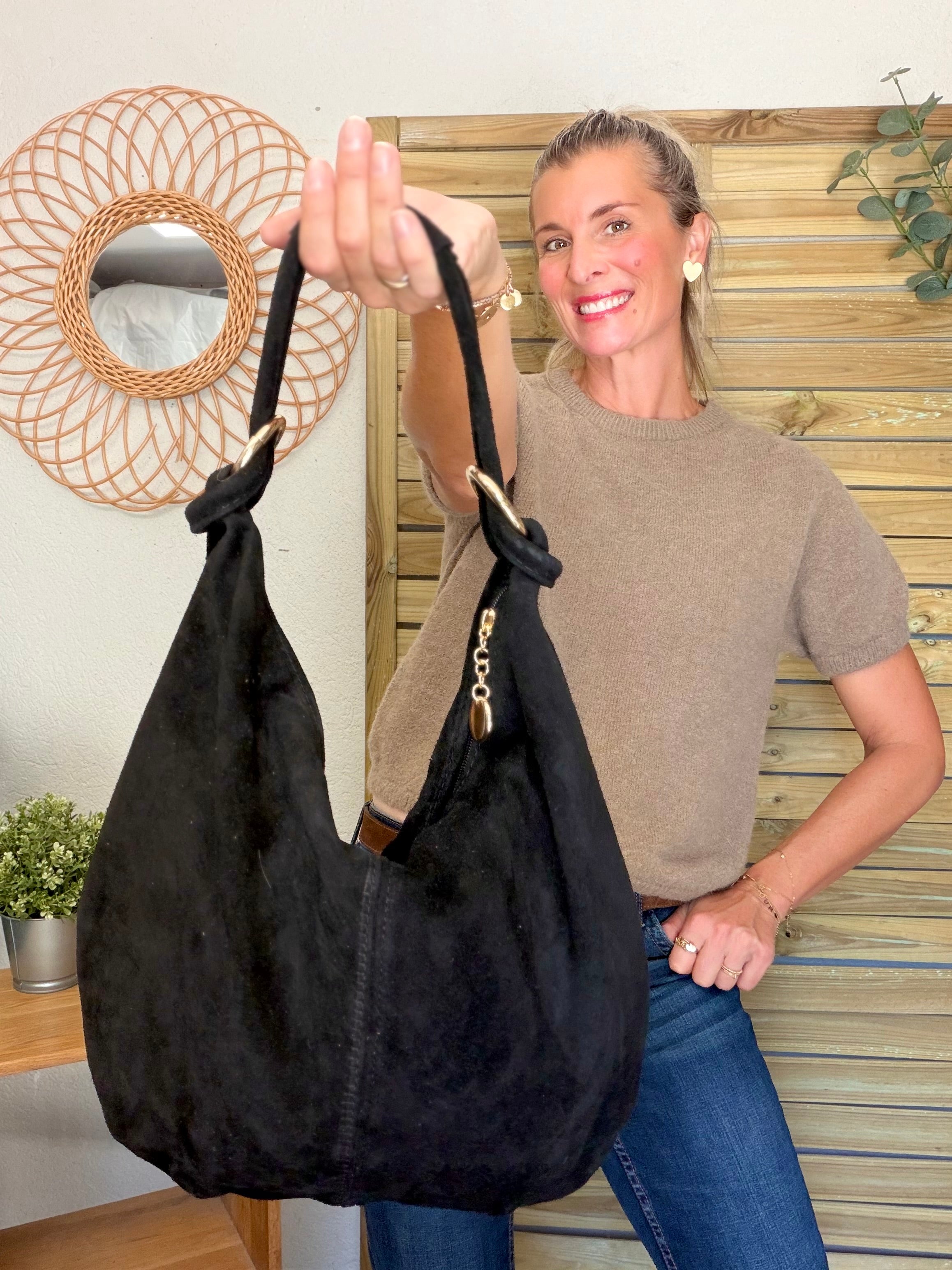 Sac besace hobo en cuir daim souple avec anneaux WILLIAM - Noir