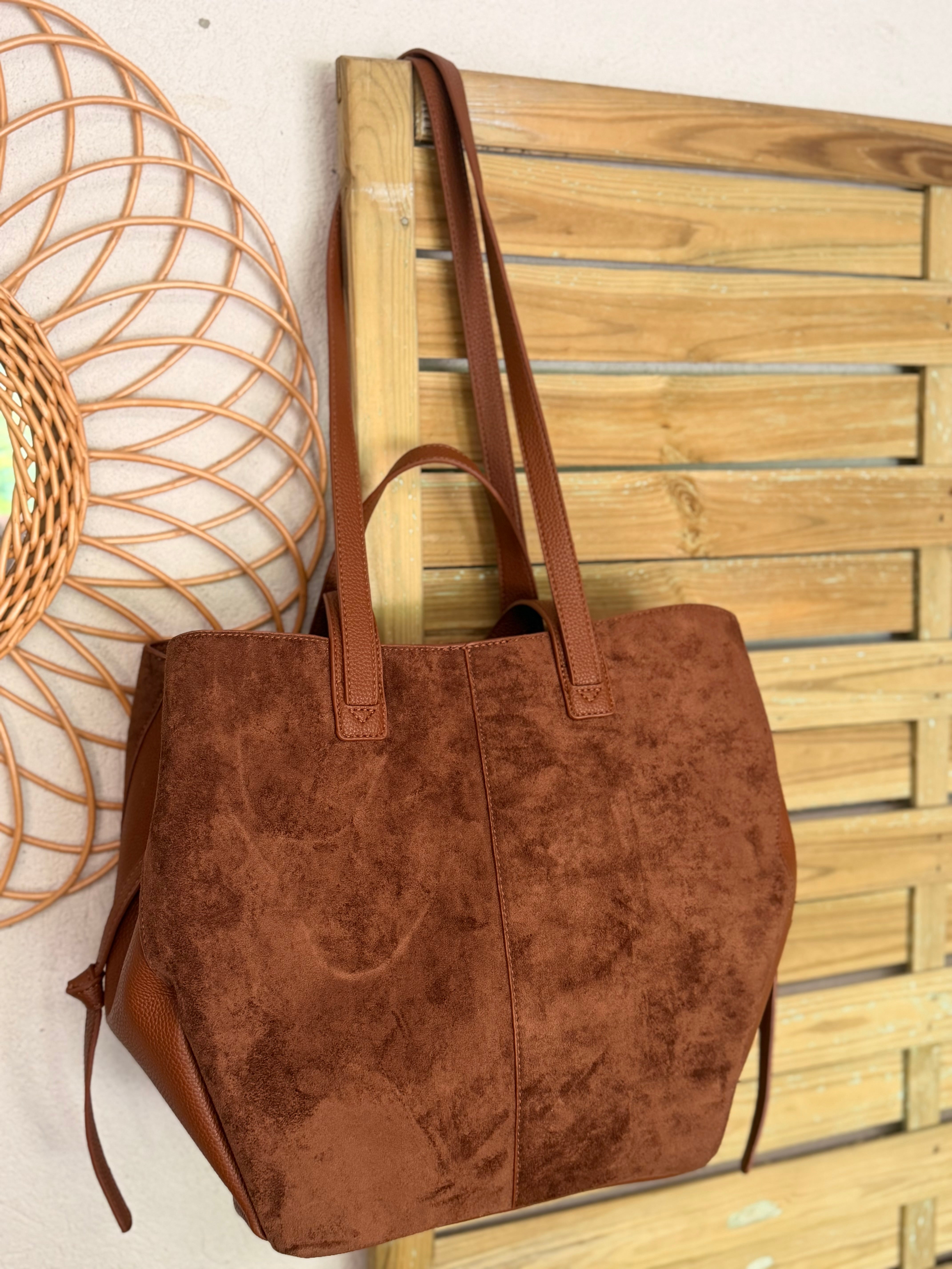 Grand Sac cabas 2 en 1 en simili daim - LAURÈNE Camel