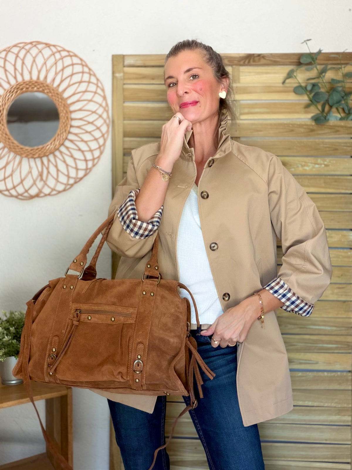 Veste Trench mi-long col victorien avec carreaux - ANDY Beige taupe