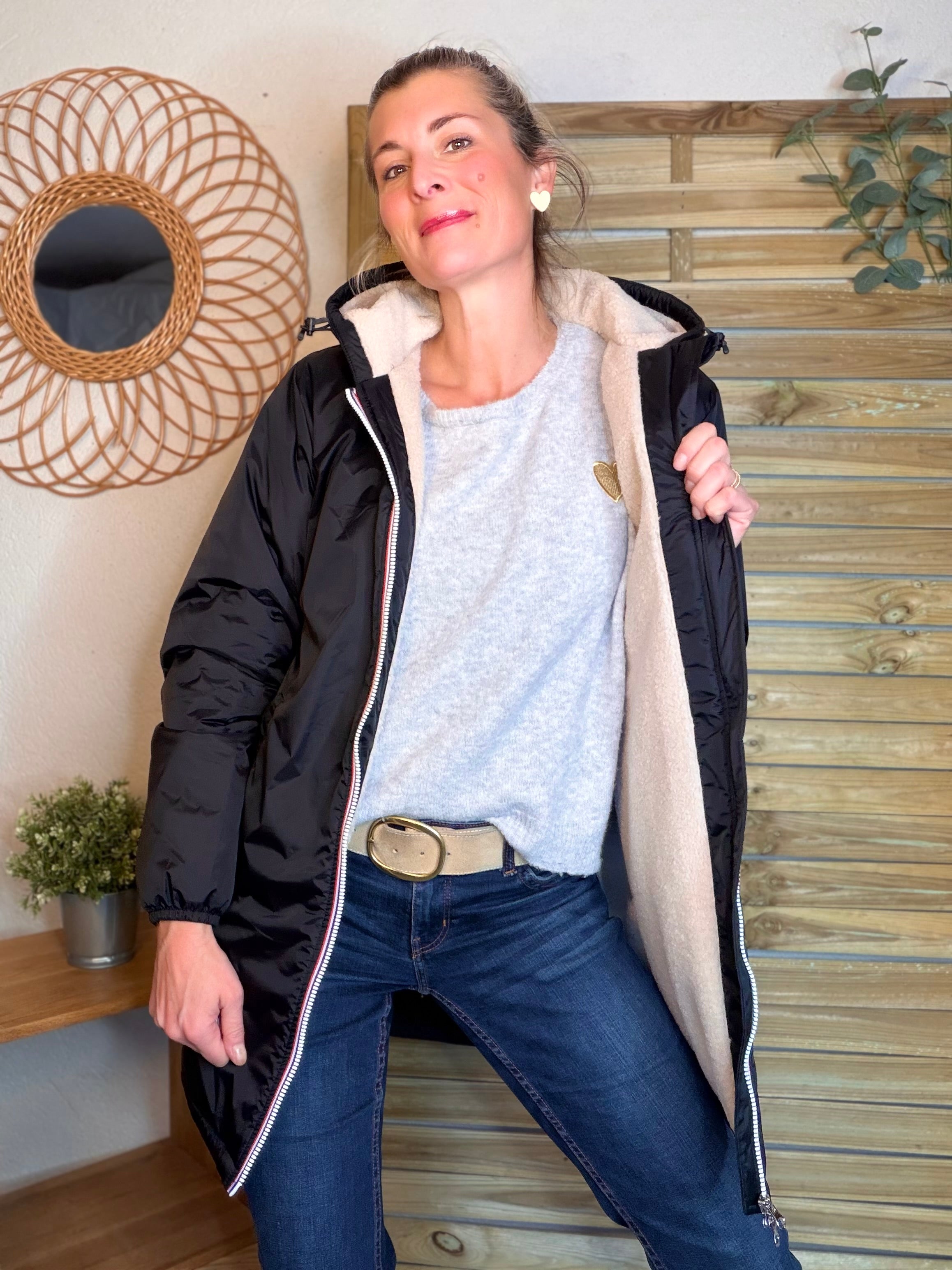 Parka Imperméable LOUISE LONG Sherpa écru - Noir - LAURA JO