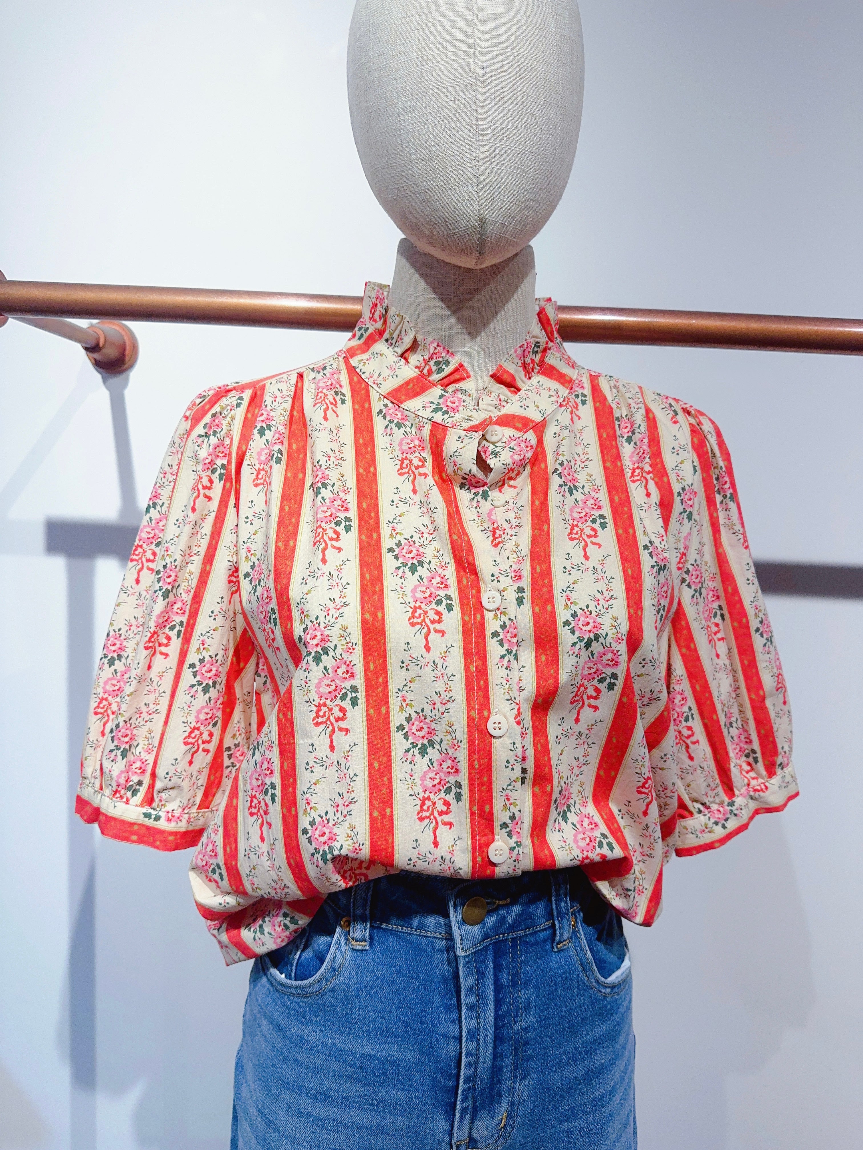 Blouse fleurie rayures VALENTINE Corail