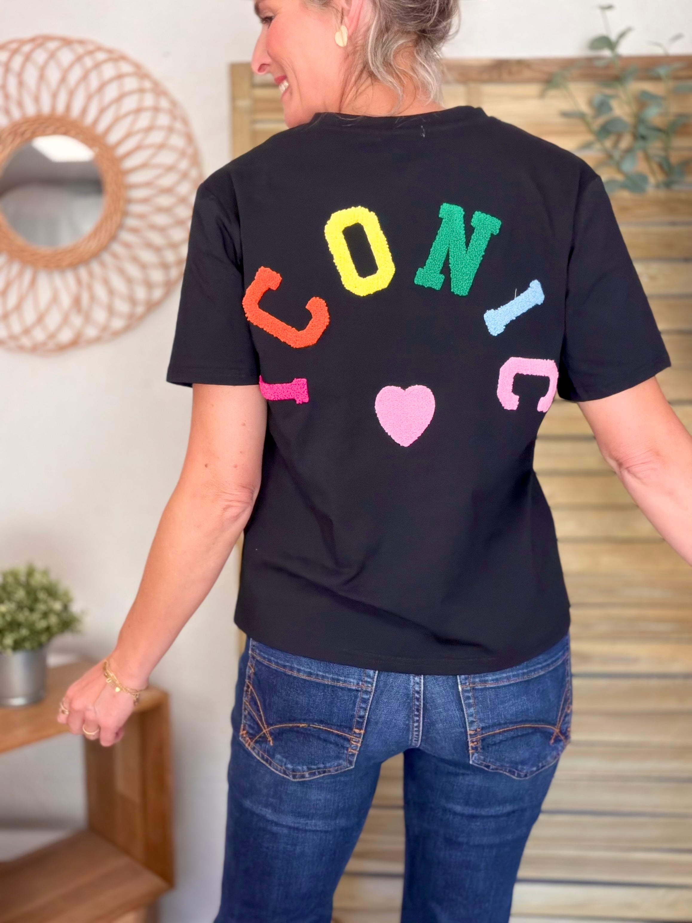 Tee shirt col V ICONIC club multicolore CARO - Noir