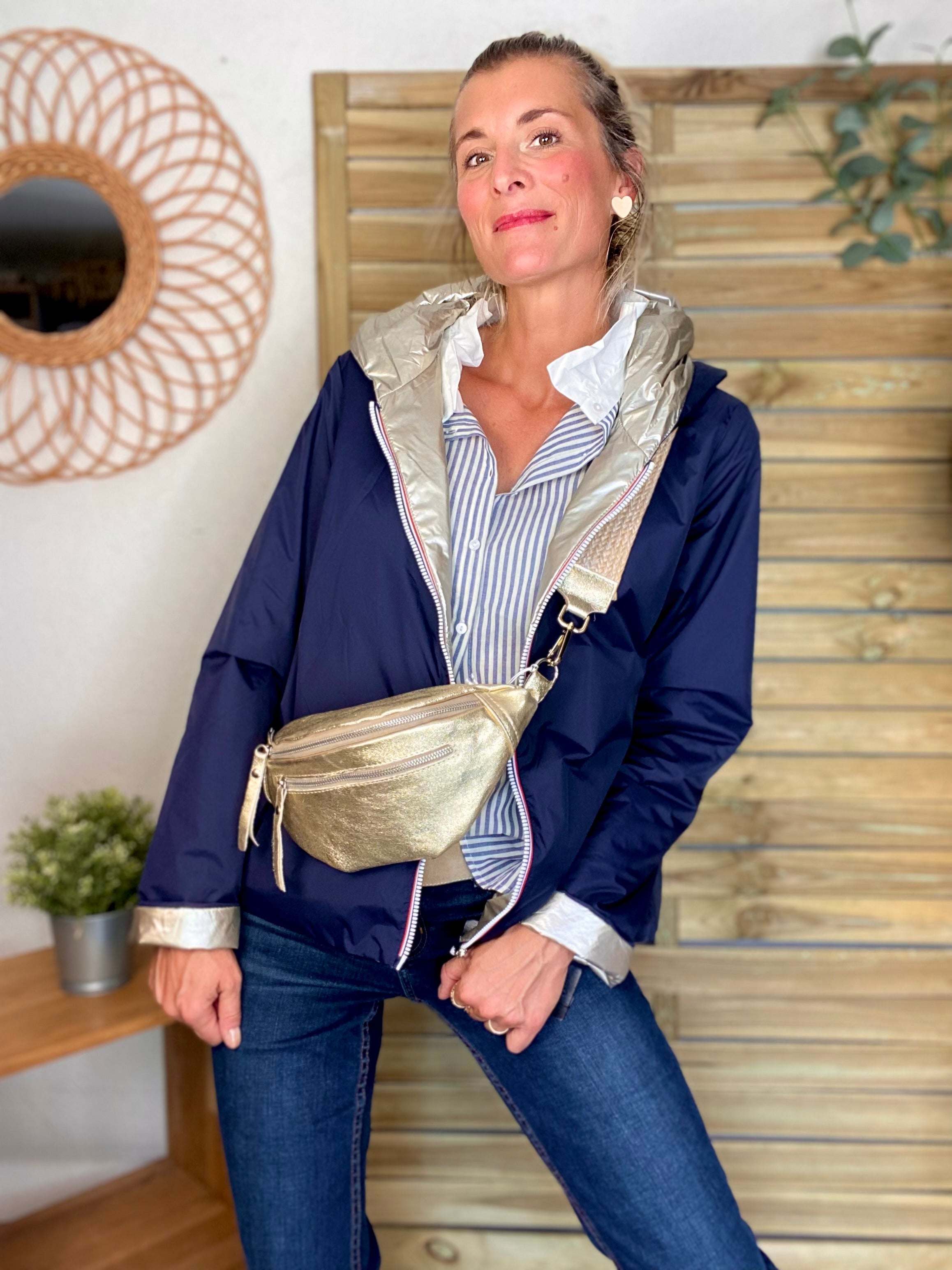 Chemise en coton rayée col victorien blanc ALIÉNOR - Bleu gris