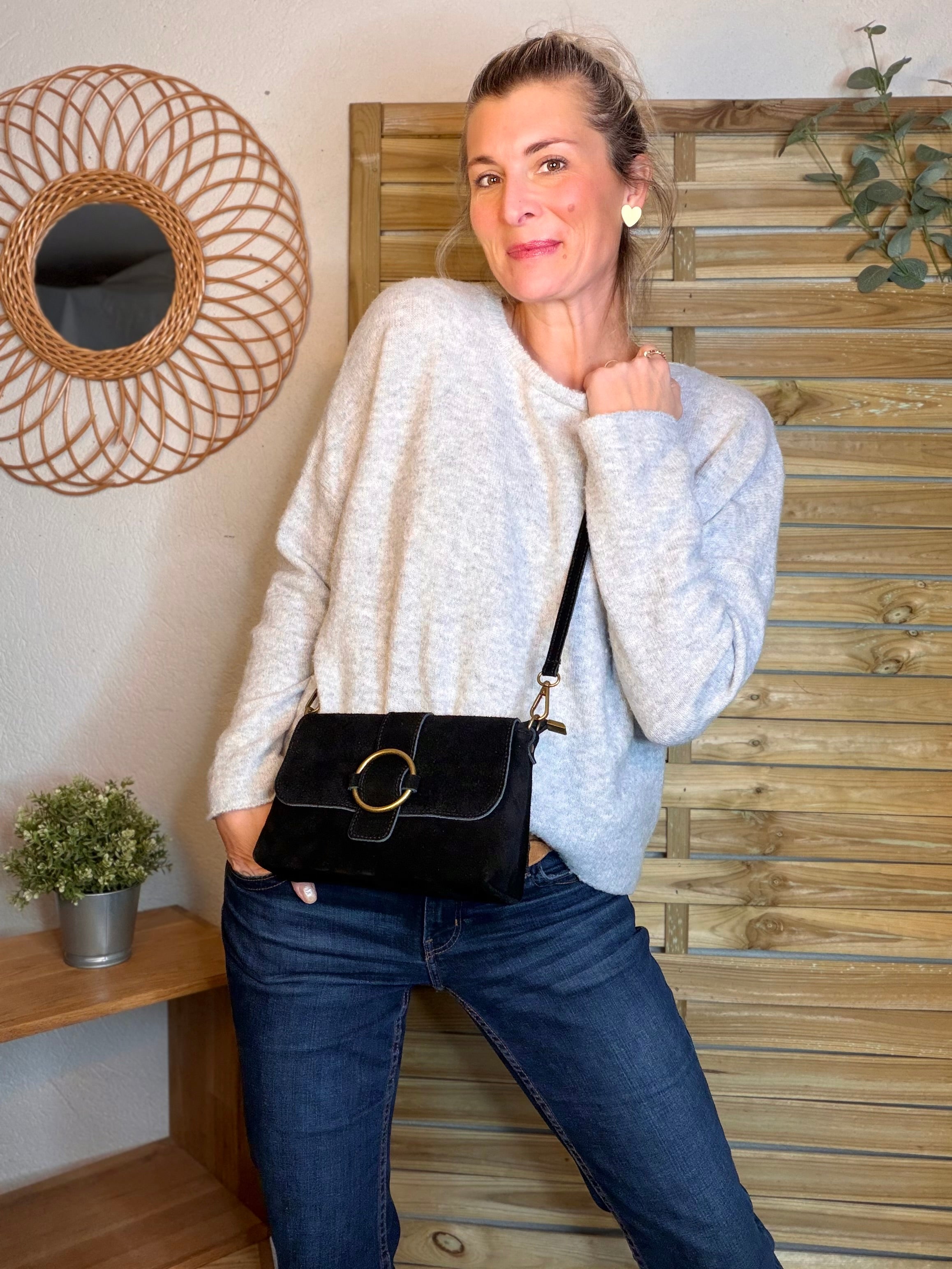 Sac bandoulière en croute de cuir BLAKE - Noir