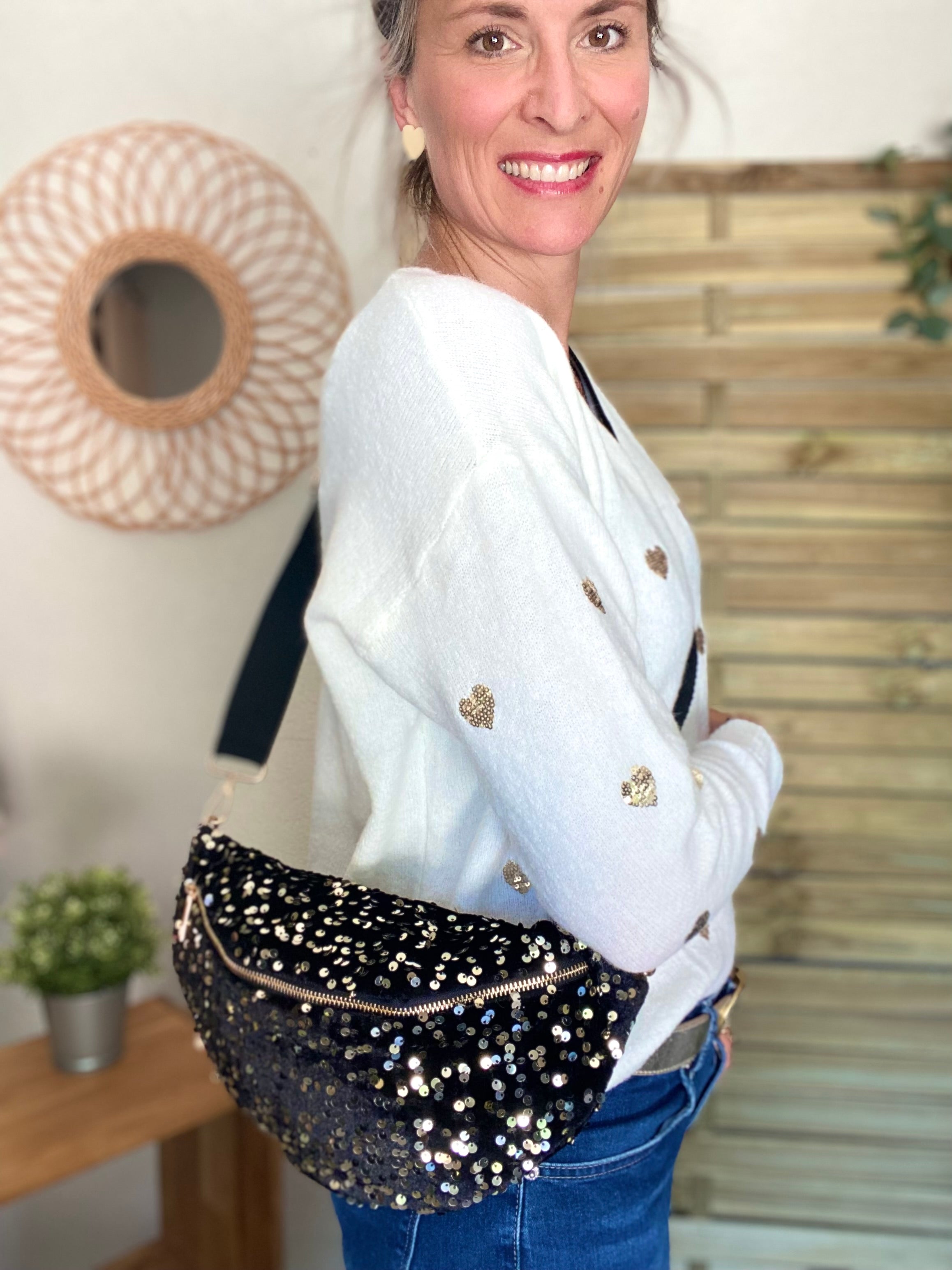 Sac banane L velours à sequins Ciao Boum - TAYLOR - Bleu marine