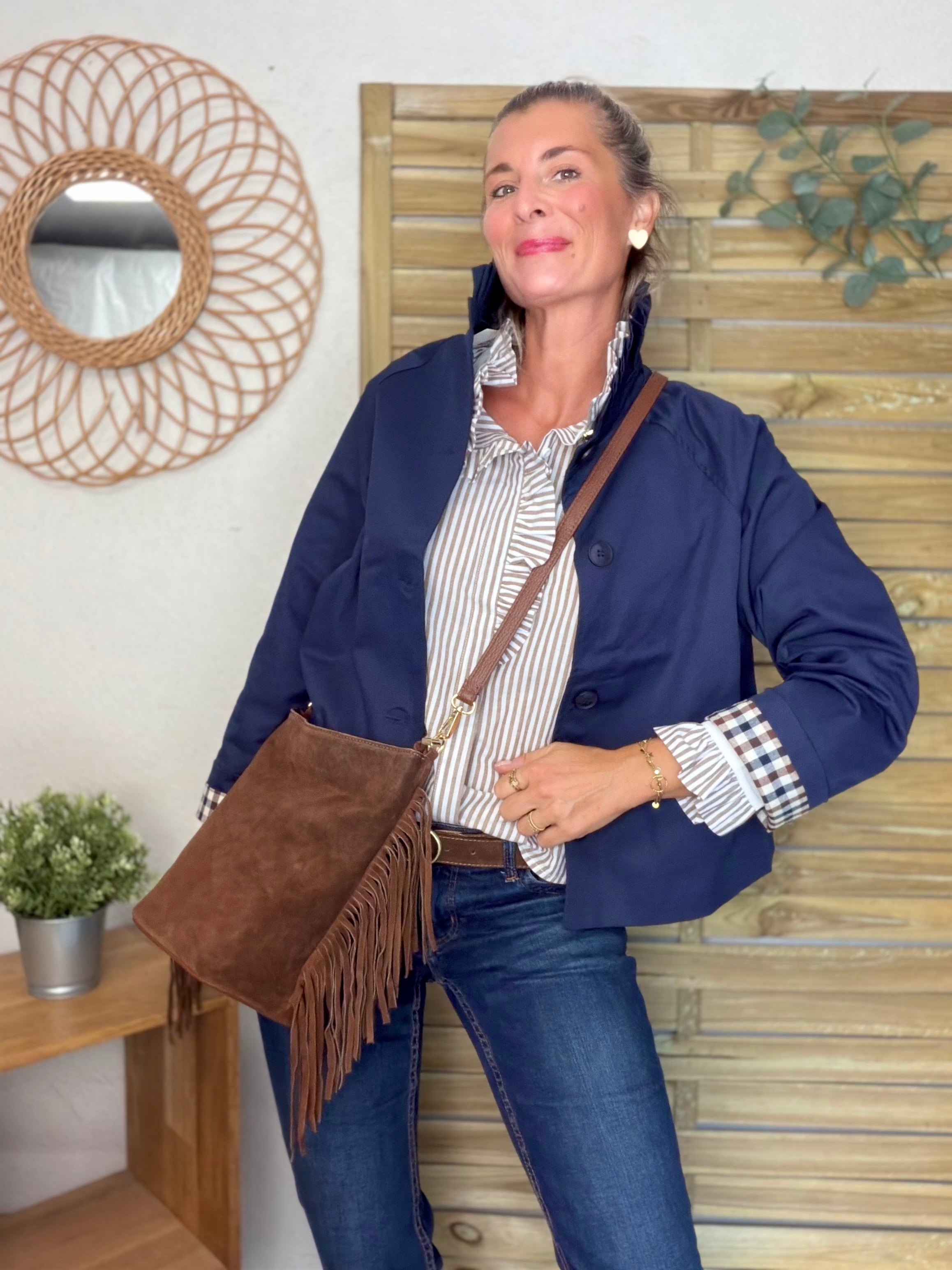 Veste Trench col victorien, revers carreaux - VICKY Bleu marine