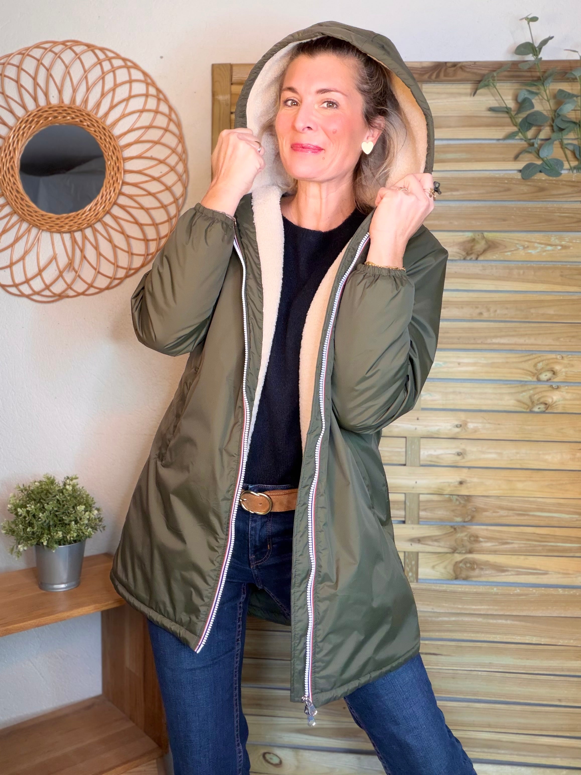 Parka Imperméable LOUISE LONG Sherpa écru - Kaki - LAURA JO