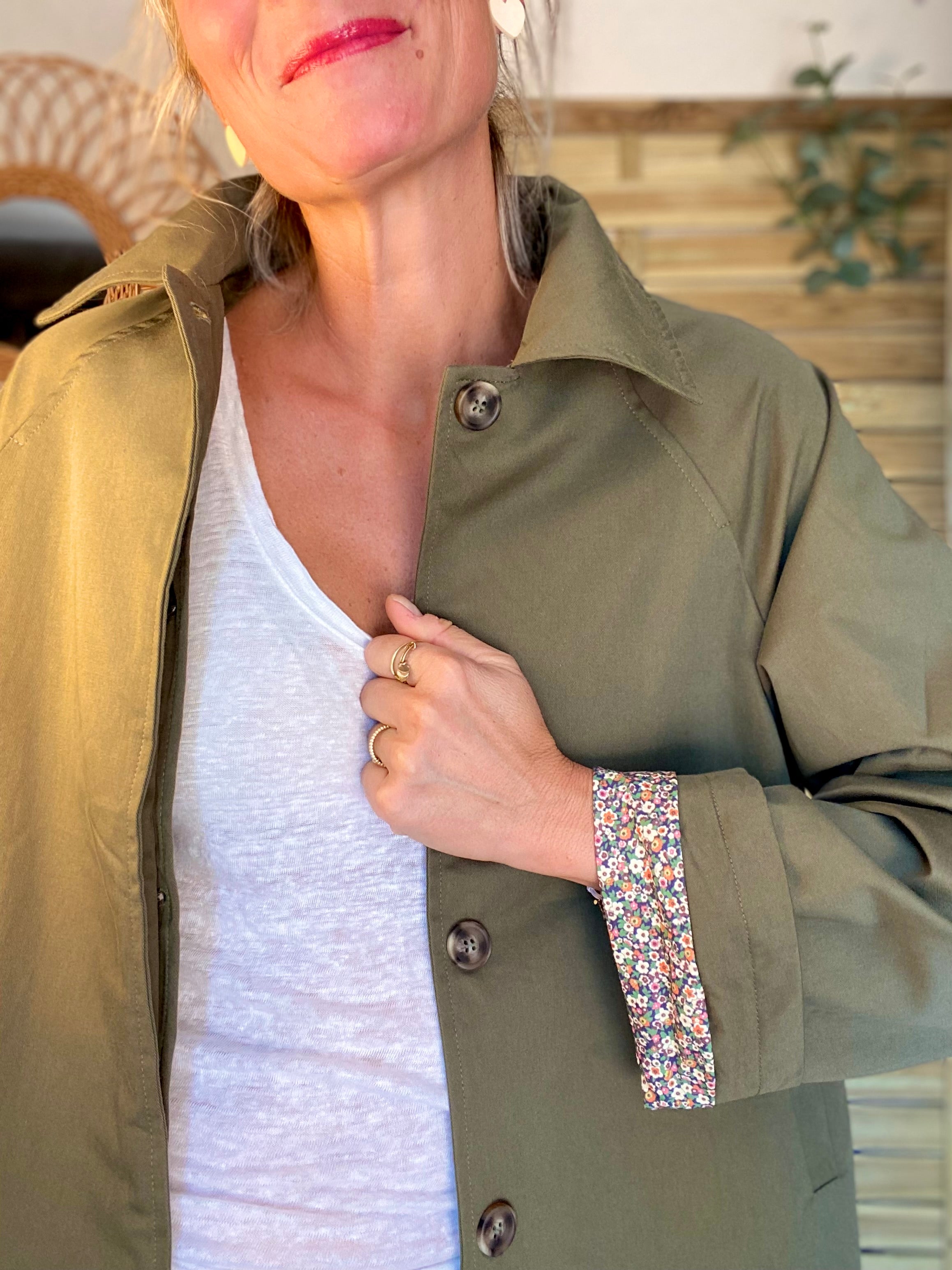 Veste Trench en coton kaki avec Liberty - MAHAUT LONG