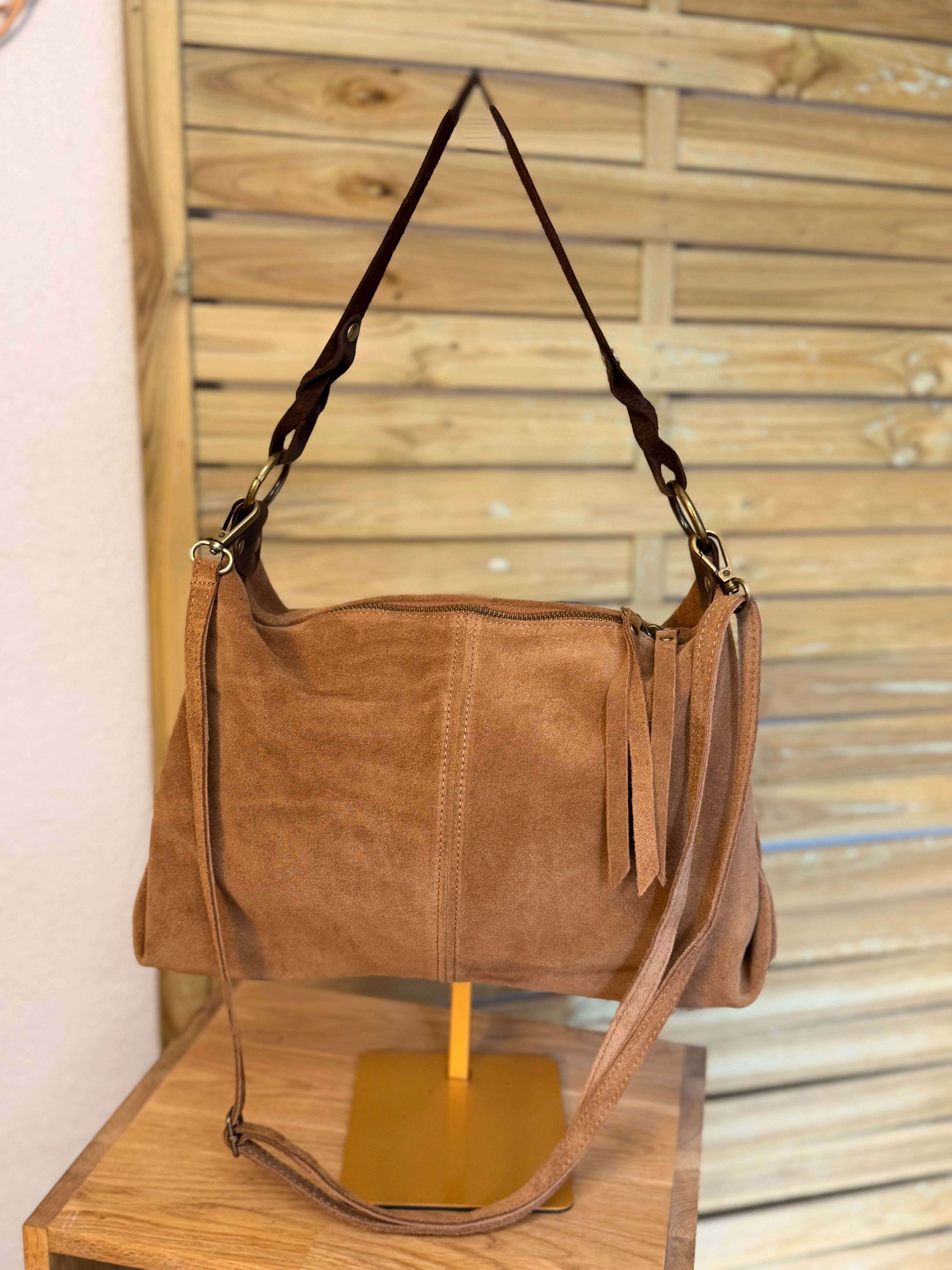 Sac hobo en cuir daim souple, double bandoulière ANDREW Camel clair