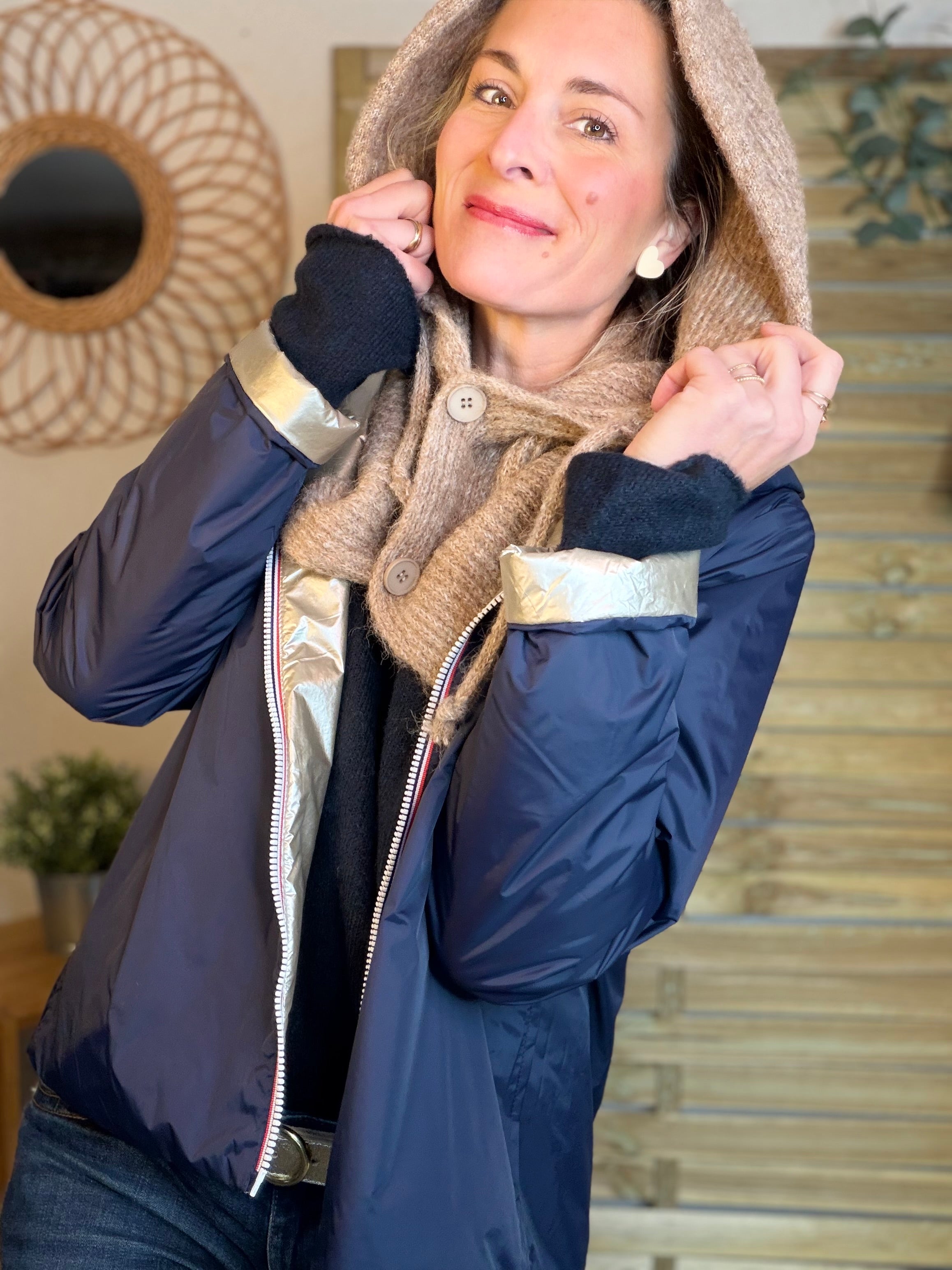 Col cagoule LORIE en maille avec bouton - Taupe