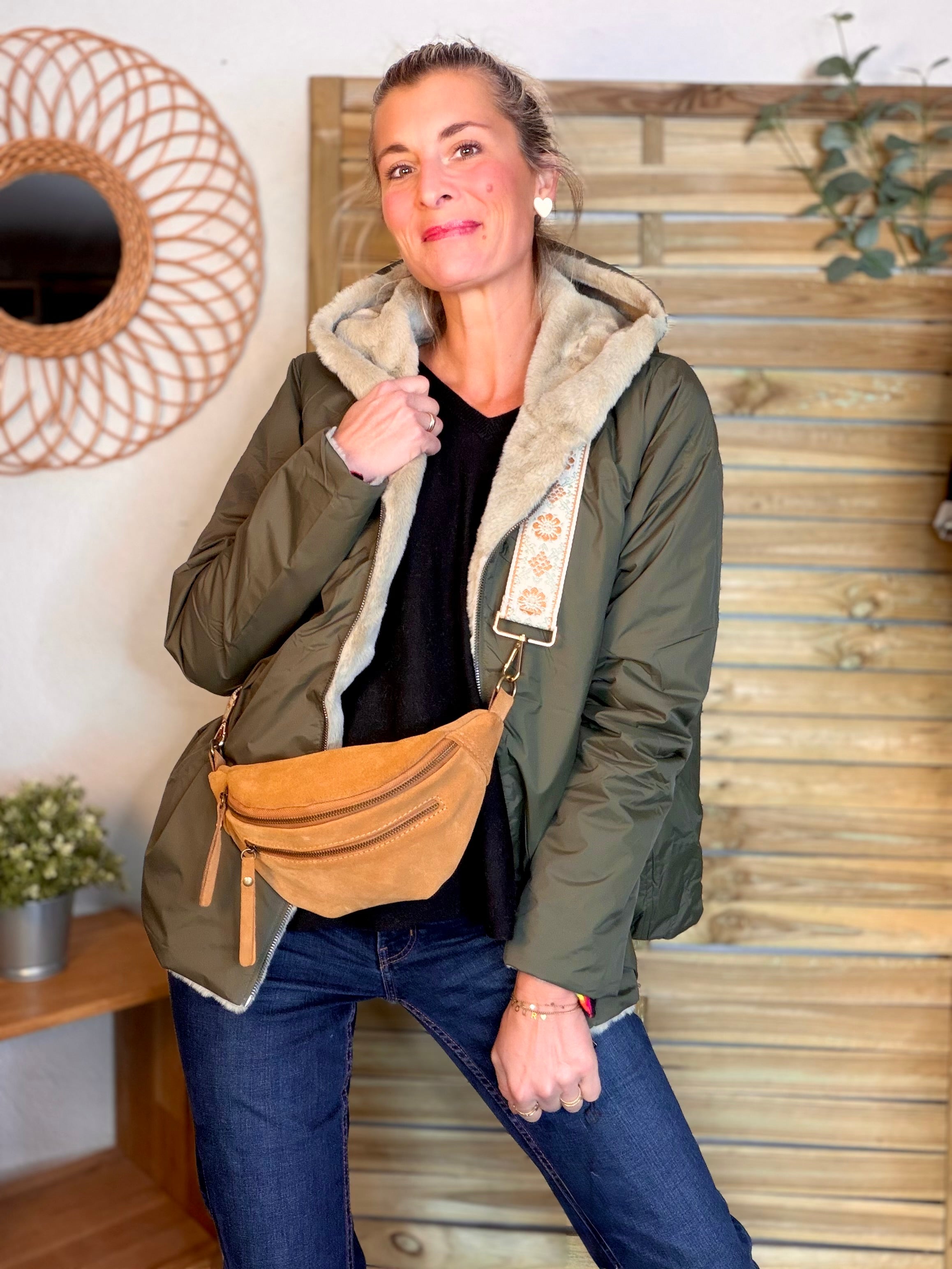 Parka Imperméable réversible fourrée Kaki / Beige ALIX Court - LAURA JO