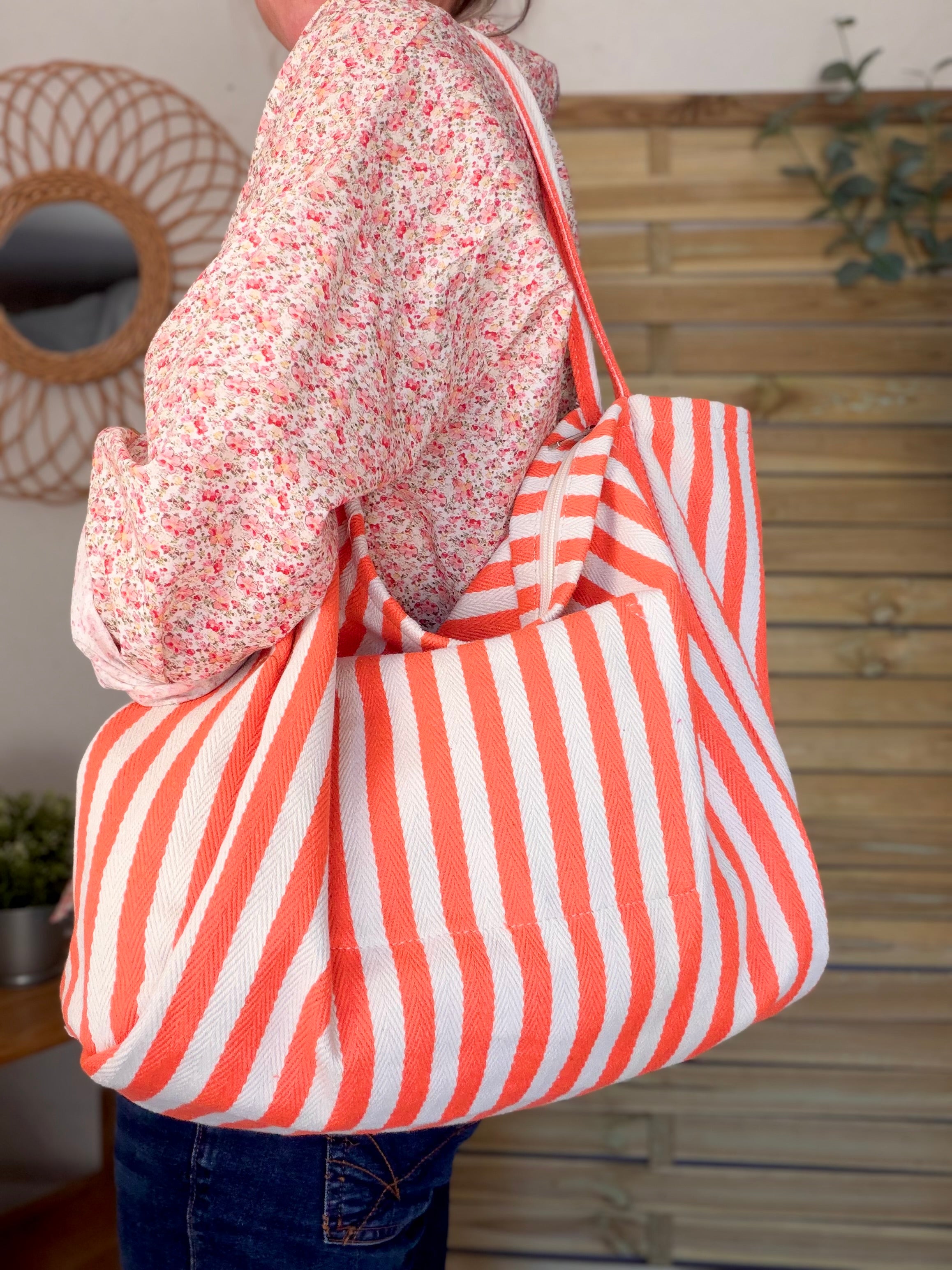 Sac cabas rayé avec fermeture zippée PAULA Orange
