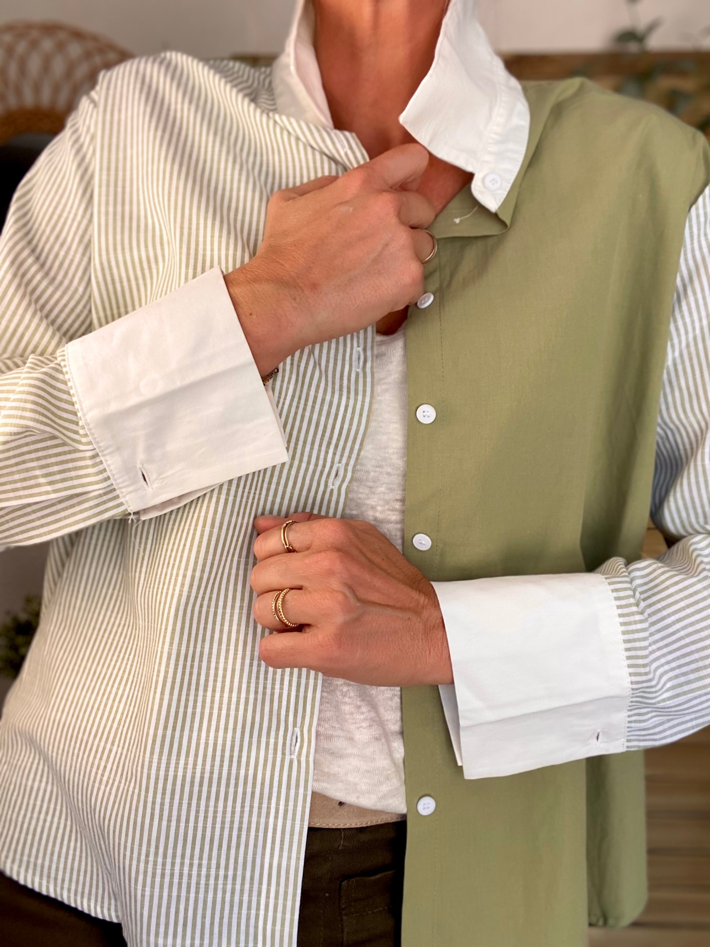 Chemise en coton rayée et uni JULIETTE - Kaki