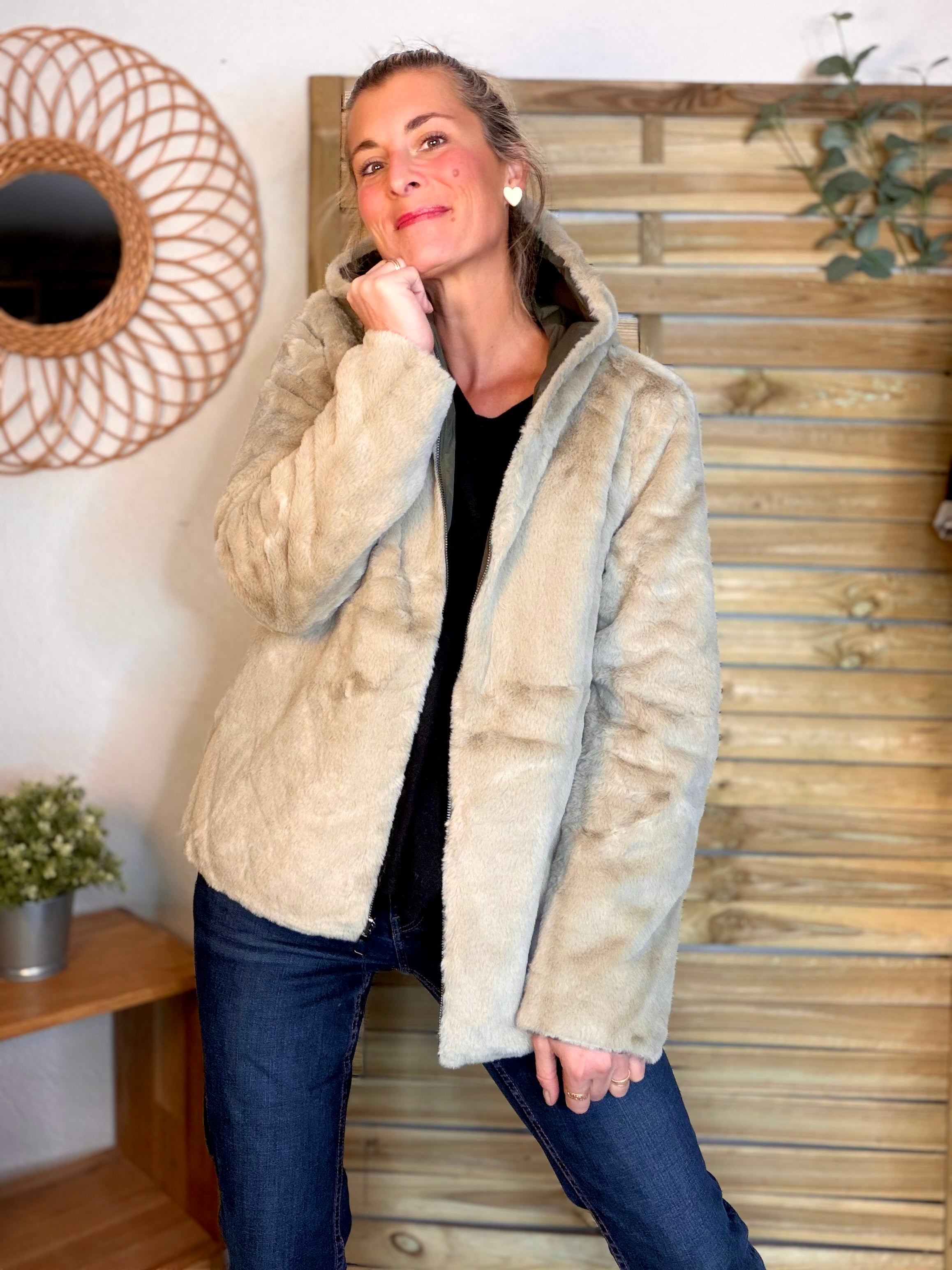 Parka Imperméable réversible fourrée Kaki / Beige ALIX Court - LAURA JO