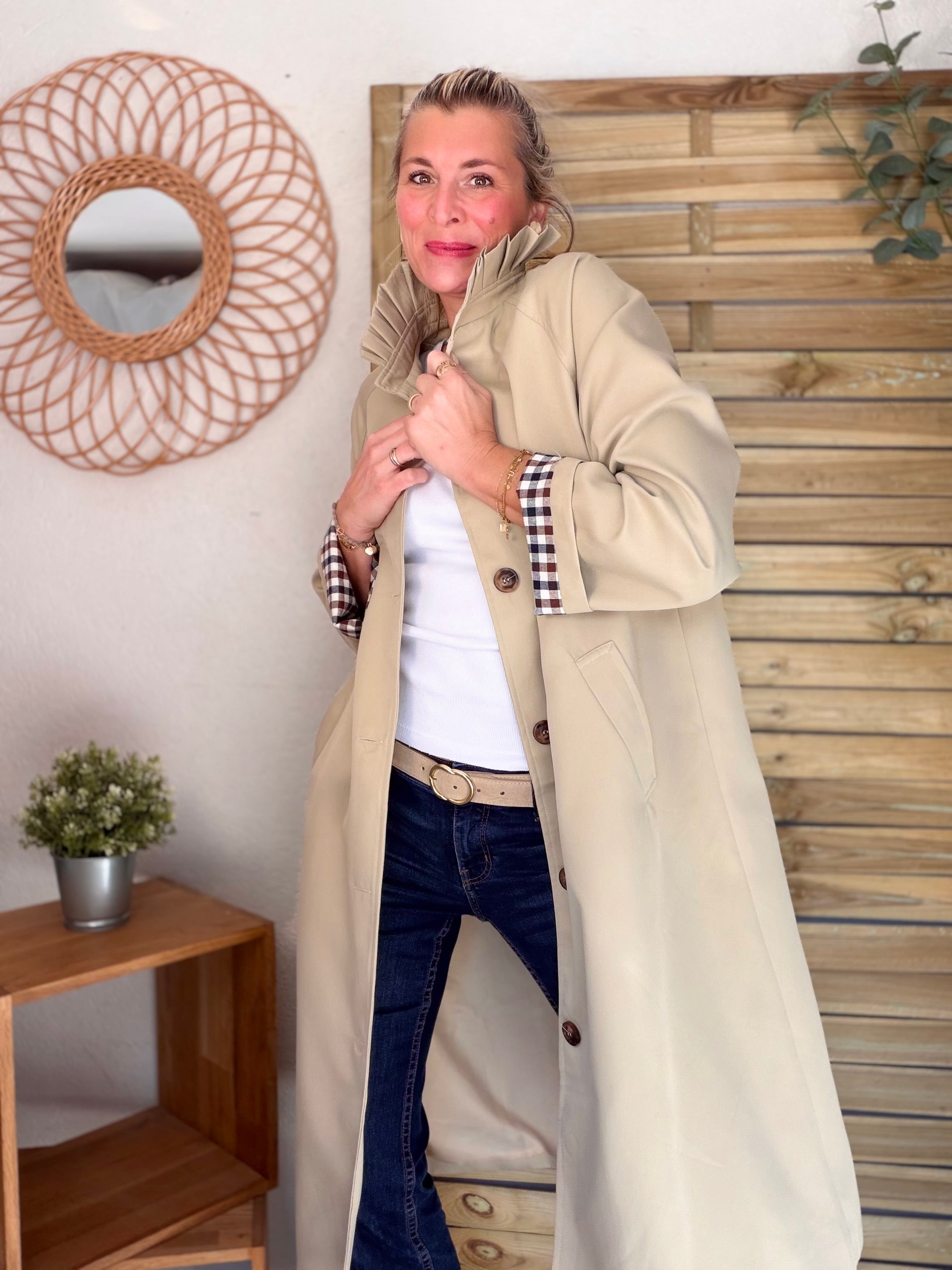 Veste Trench col victorien avec vichy - VICKY LONG Beige