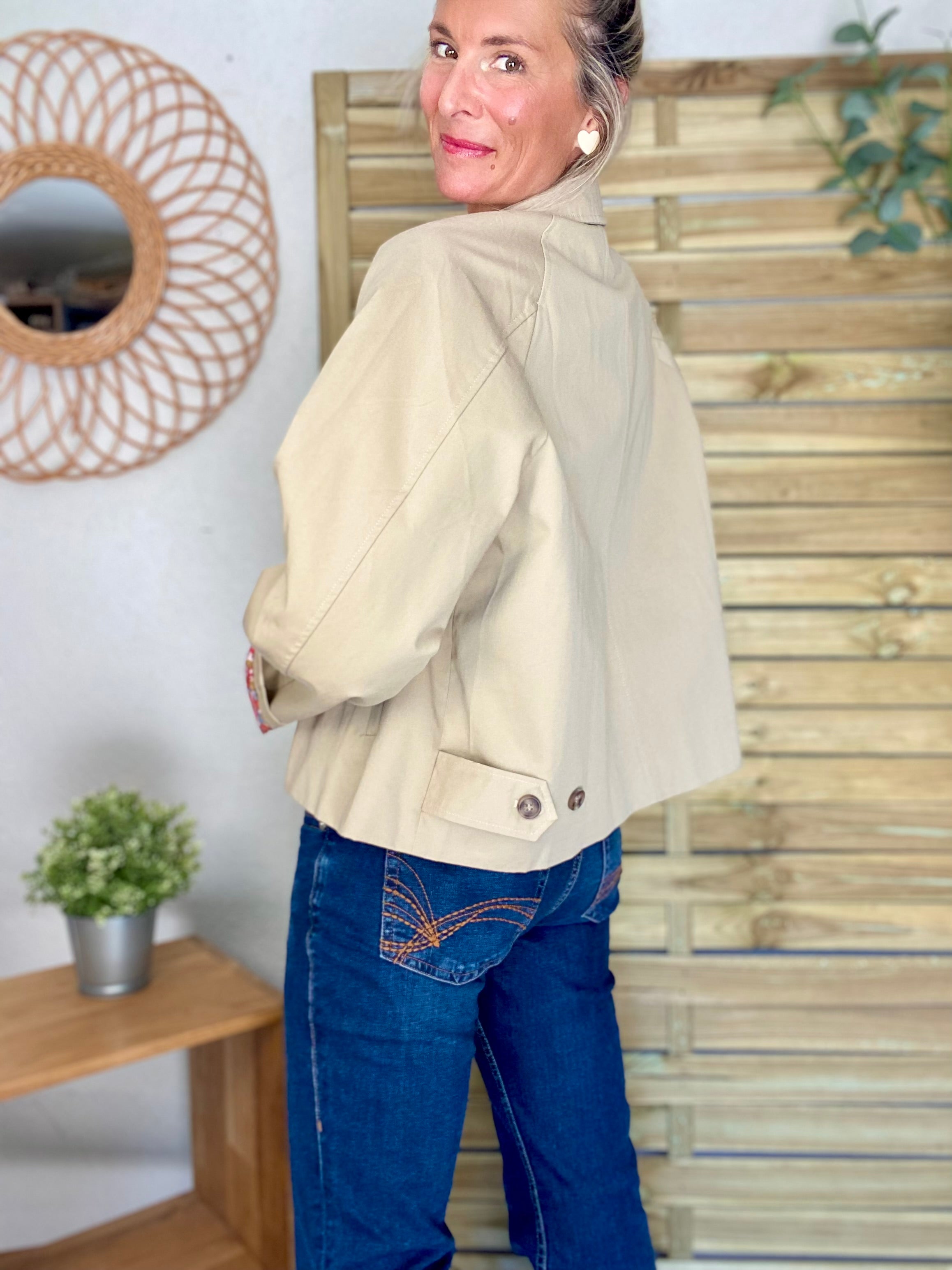 Veste Trench en coton beige avec Liberty - MAHAUT