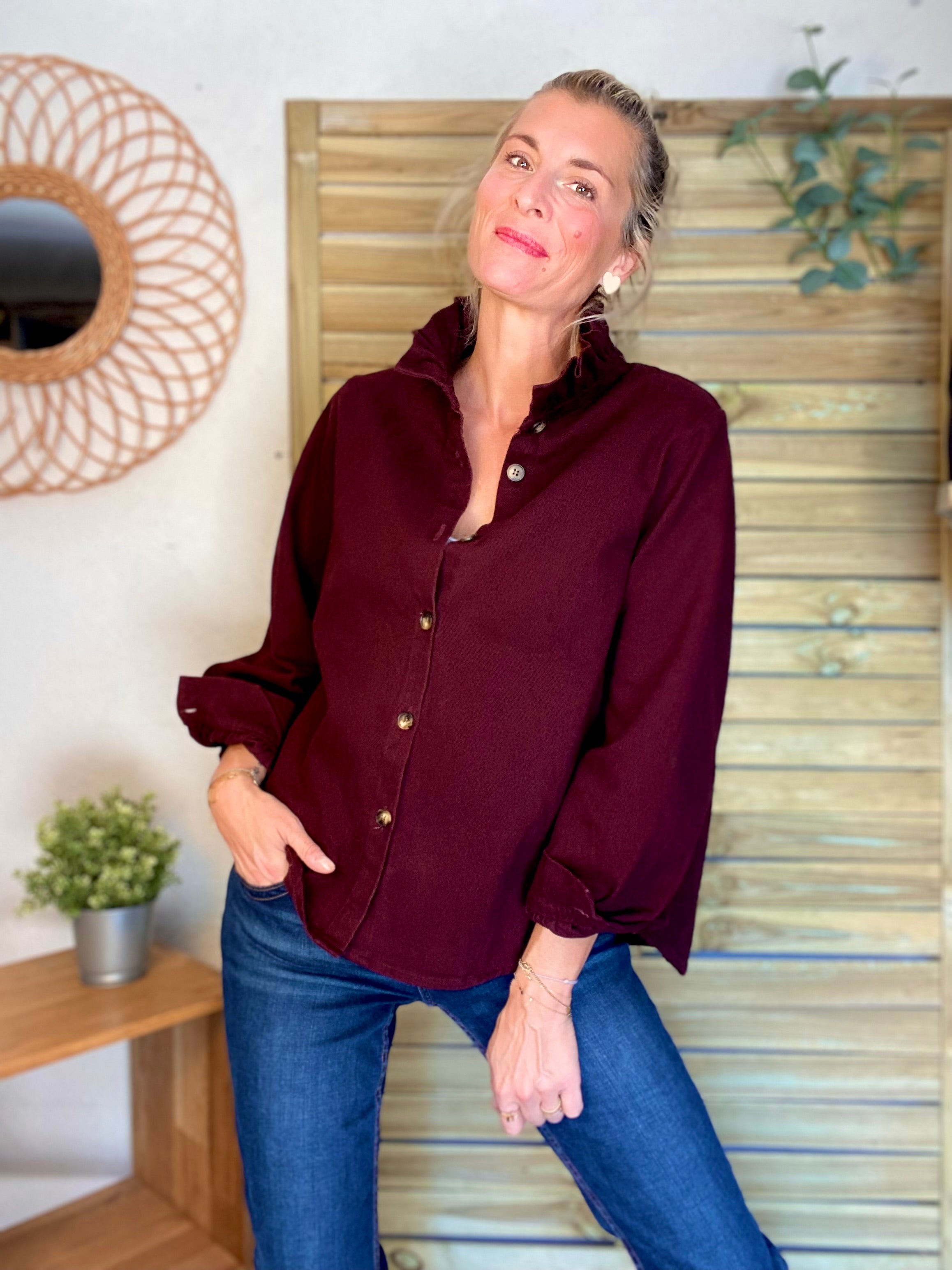 Veste / Chemise en coton, col victorien volanté LISA - Prune