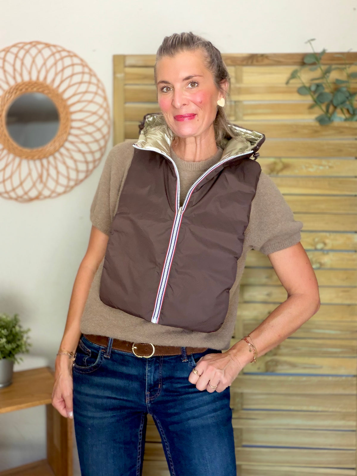 LAURA JO - Col capuche amovible réversible  DANY - Choco / Doré