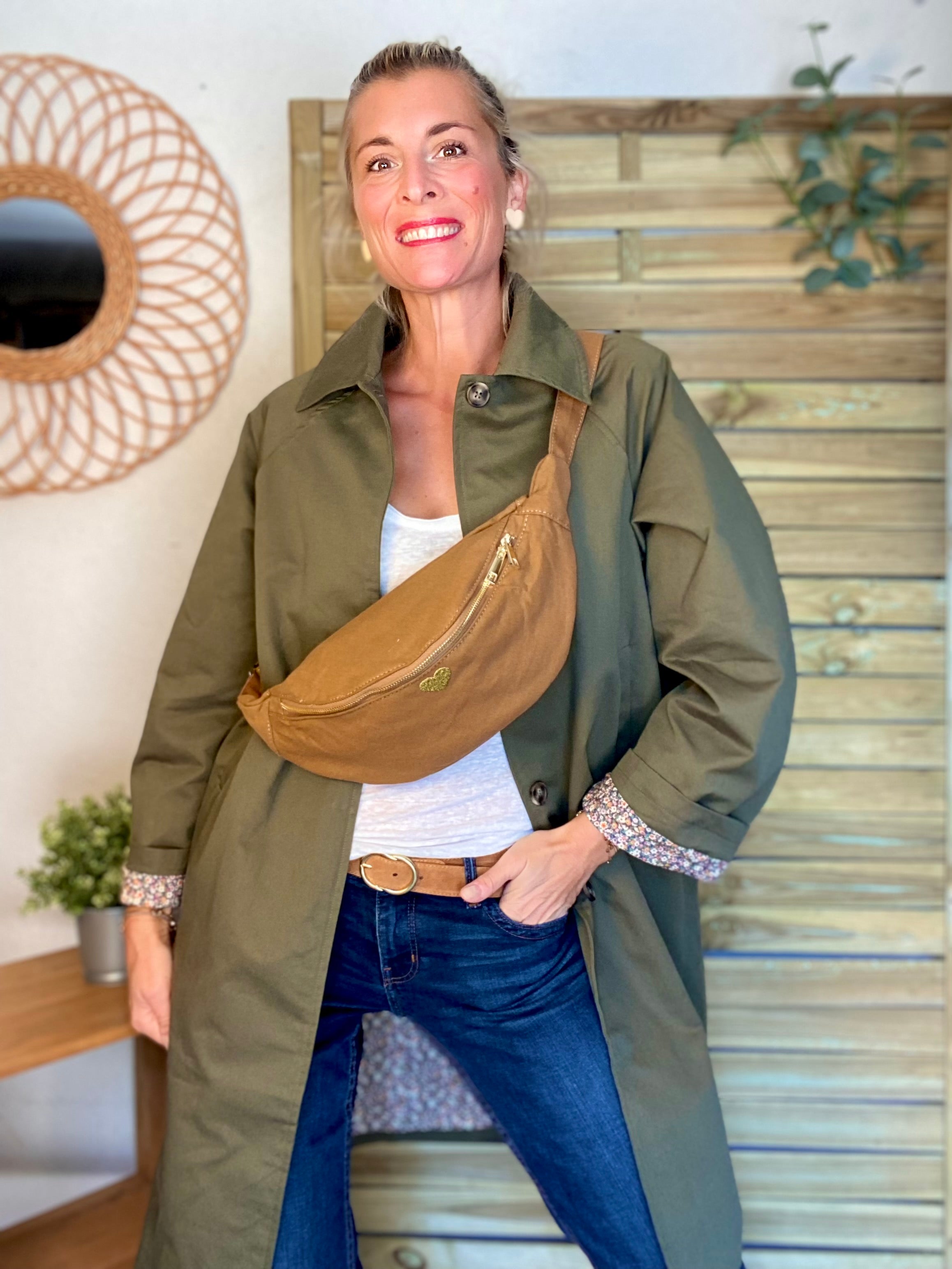 Veste Trench en coton kaki avec Liberty - MAHAUT LONG