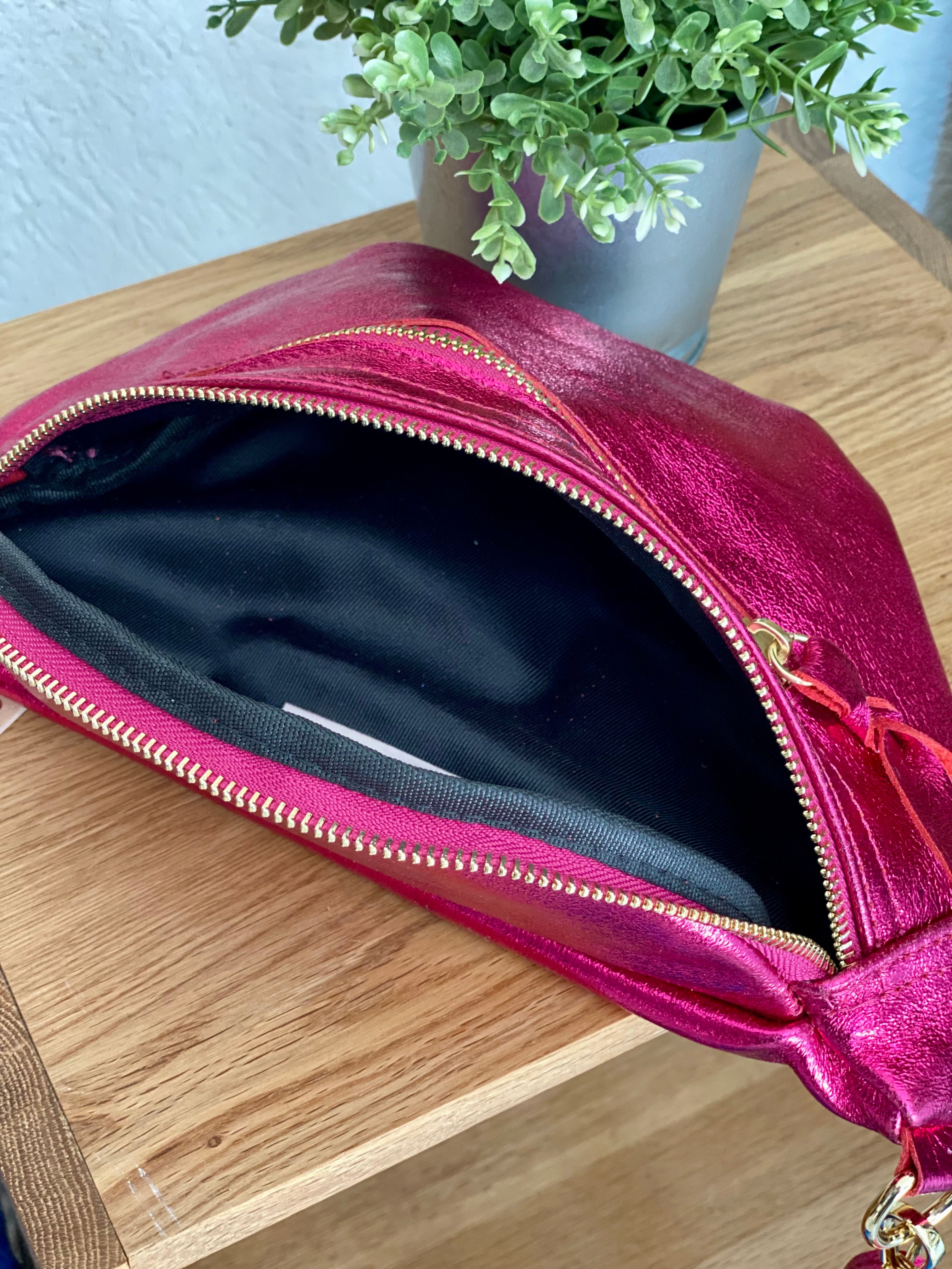 Sac banane en cuir irisé double poche - OPALE - Fuschia