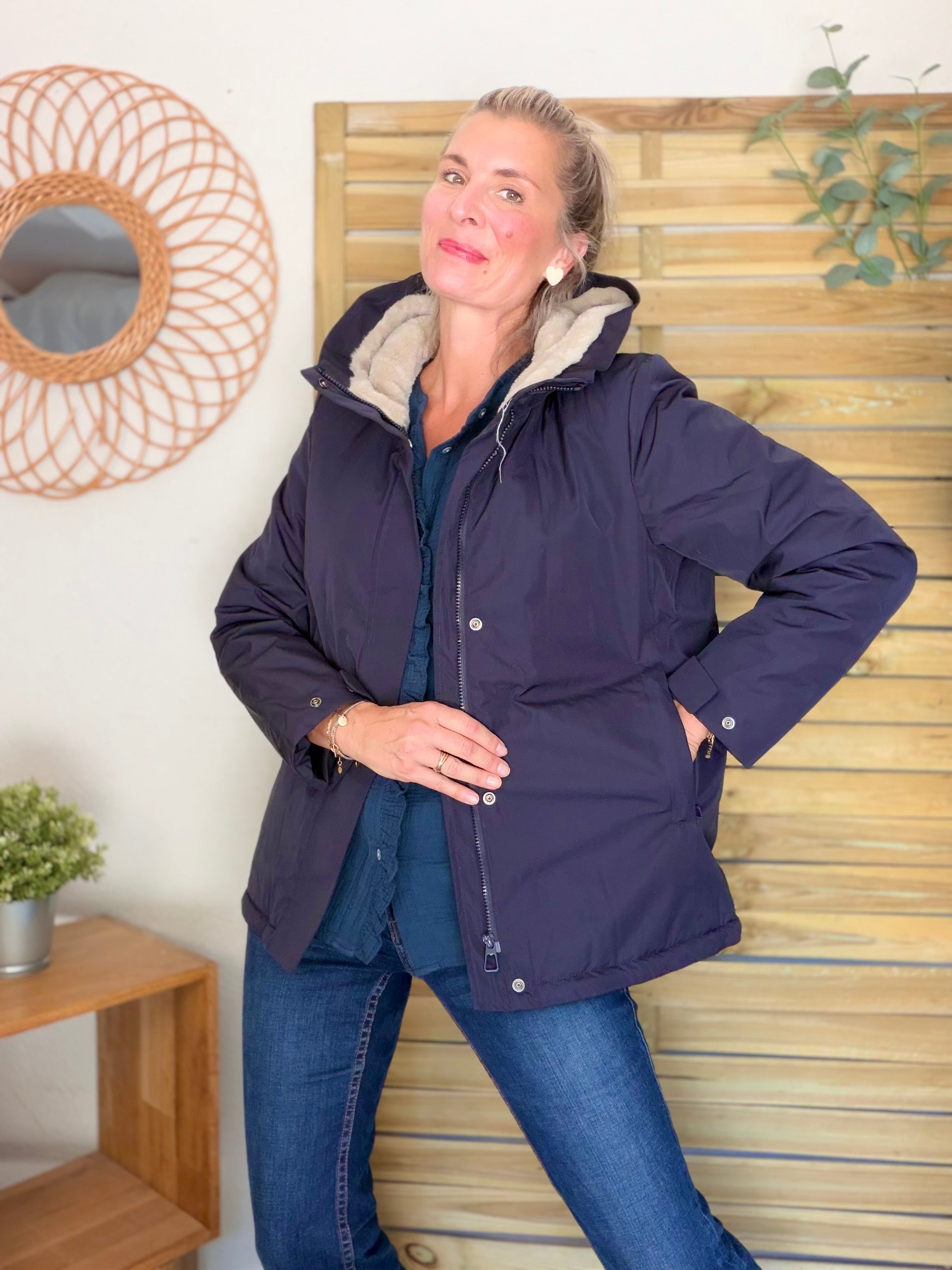 LAURA JO - Parka fourrée imperméable AMBRE MI-LONG - Bleu marine / Beige
