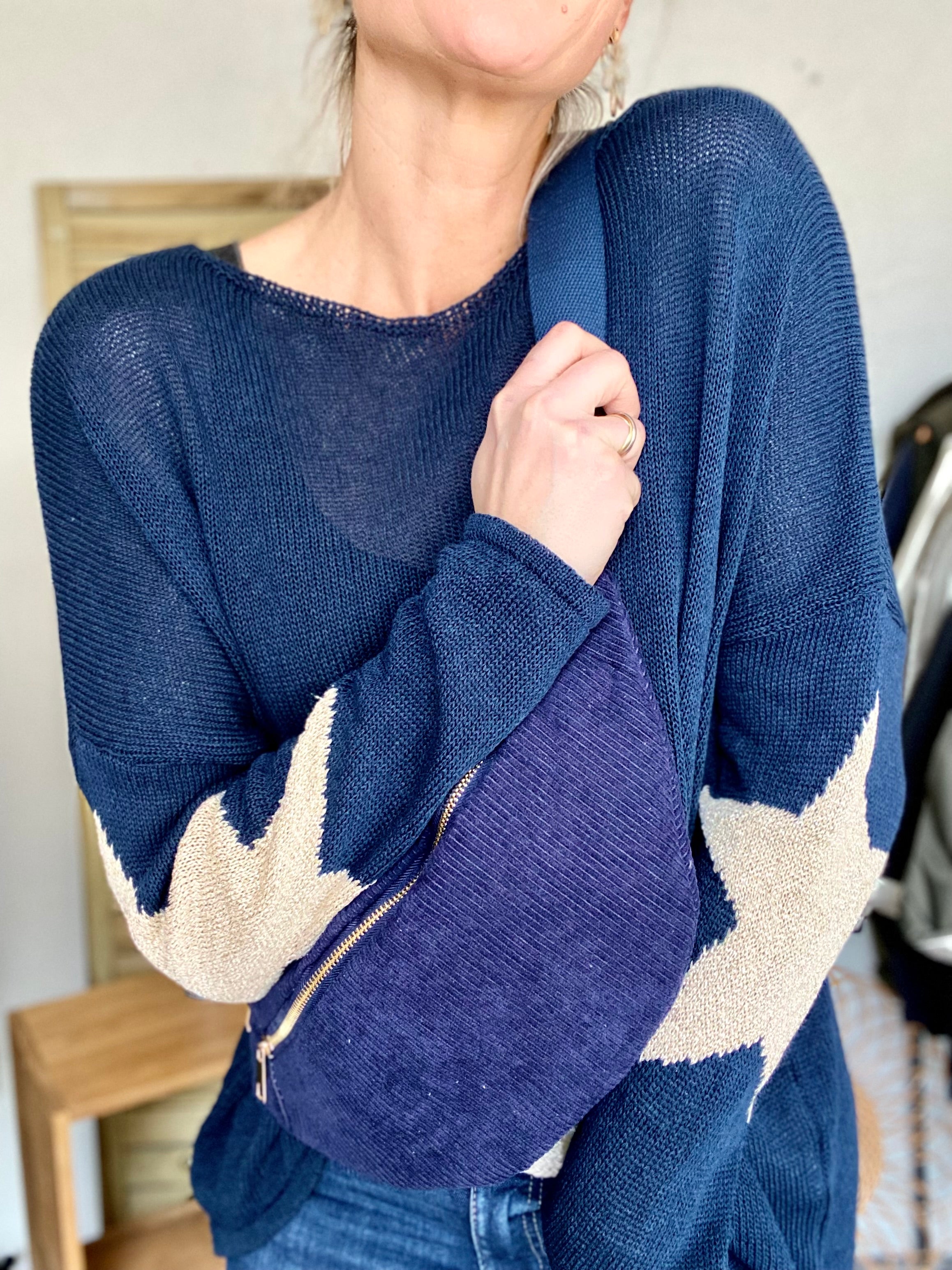 Pull Oversize etoiles dorees ALBA Bleu marine