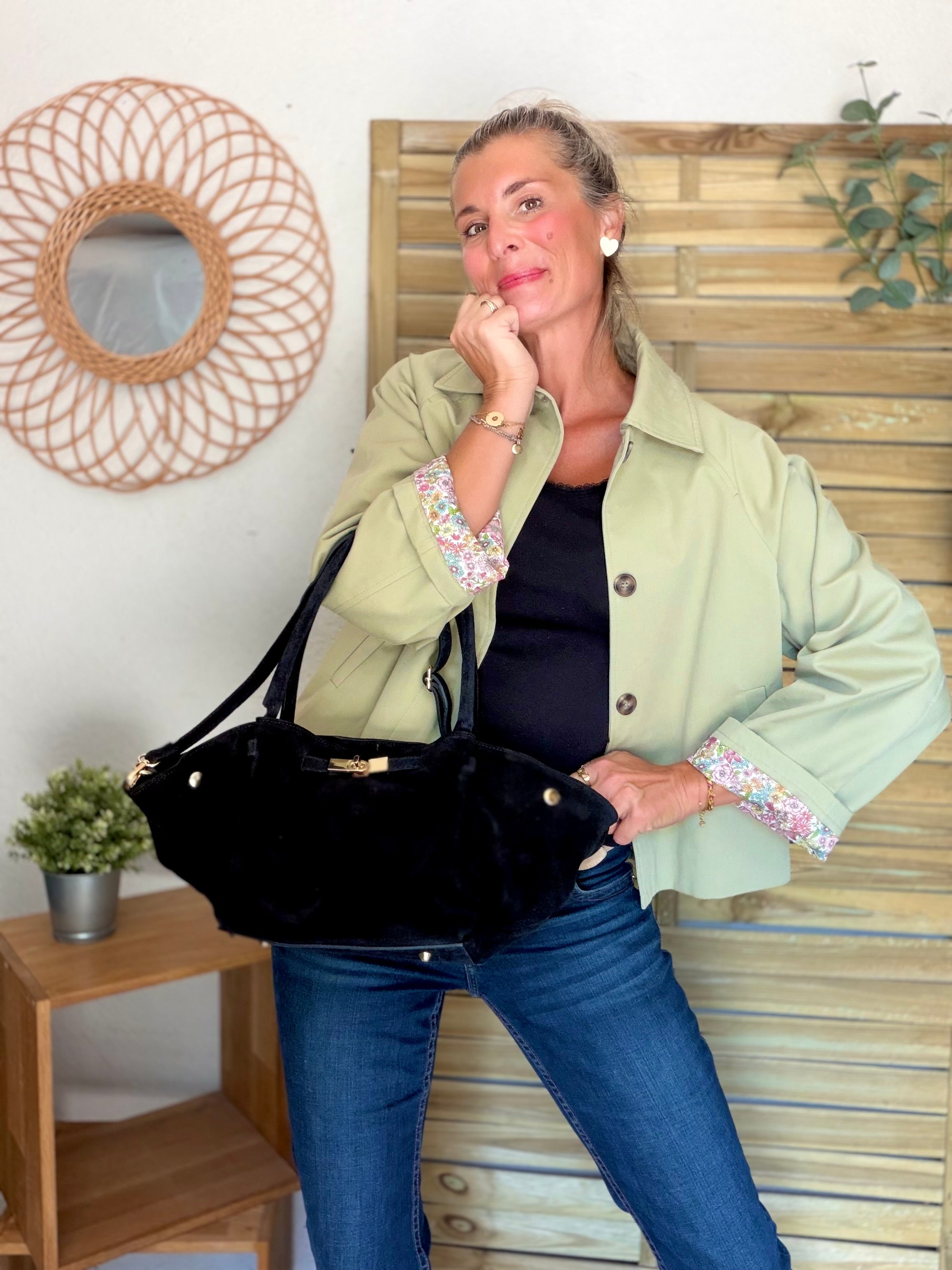 Sac cabas en cuir daim HANA - Noir
