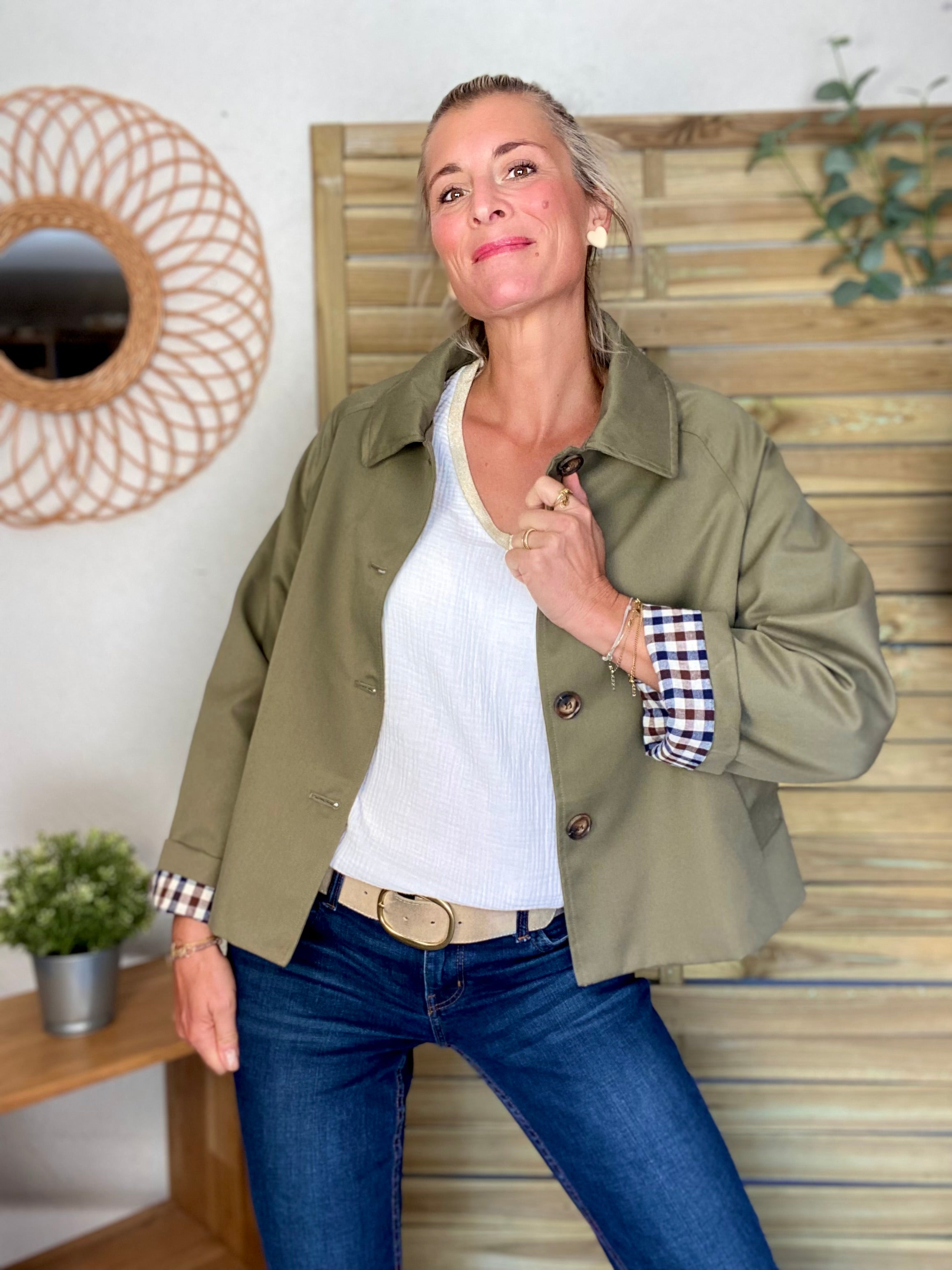 Veste Trench en coton avec vichy - YSEULT court Kaki