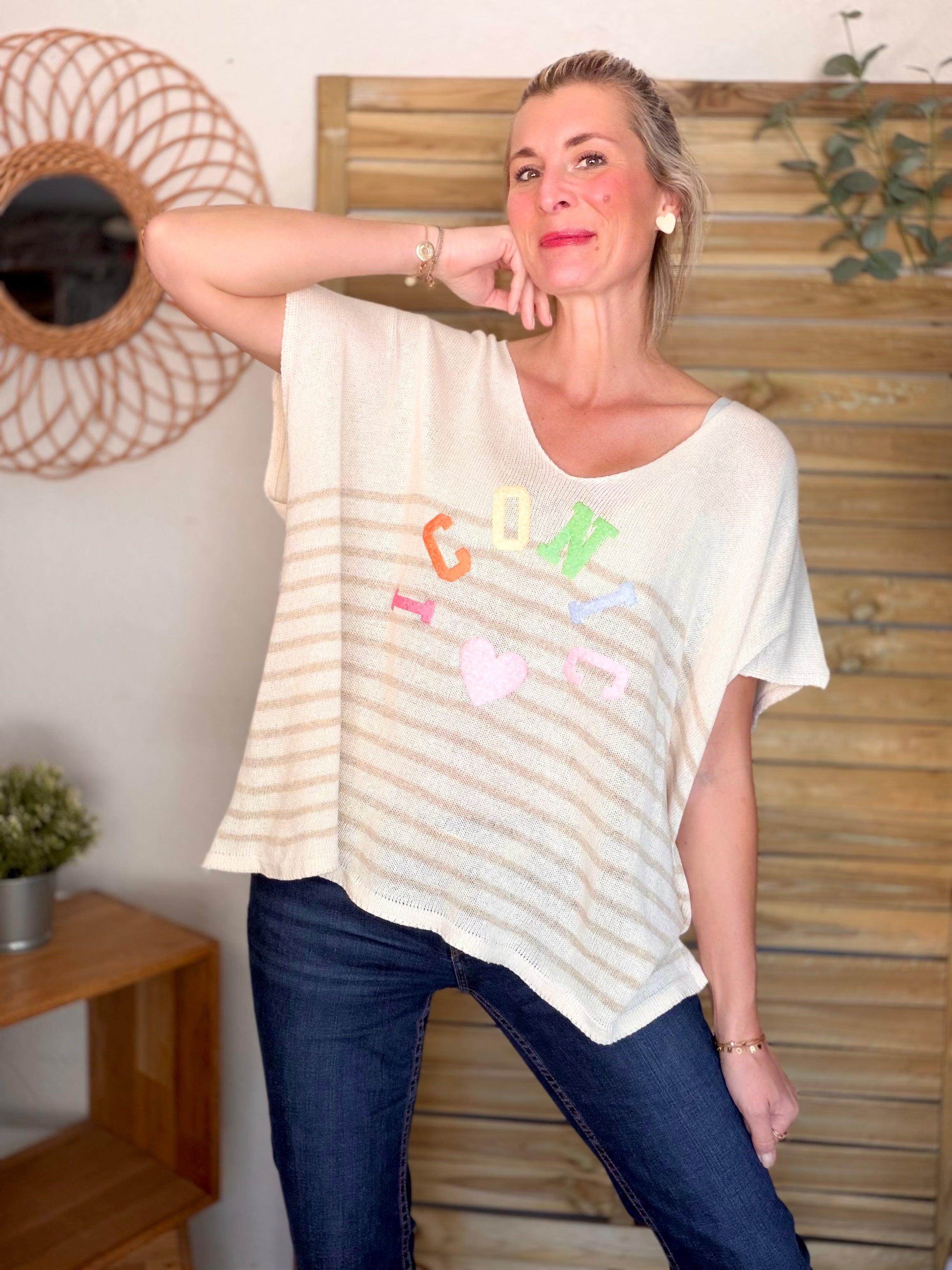 Top col V en maille rayé oversized ICONIC ANISSA Beige