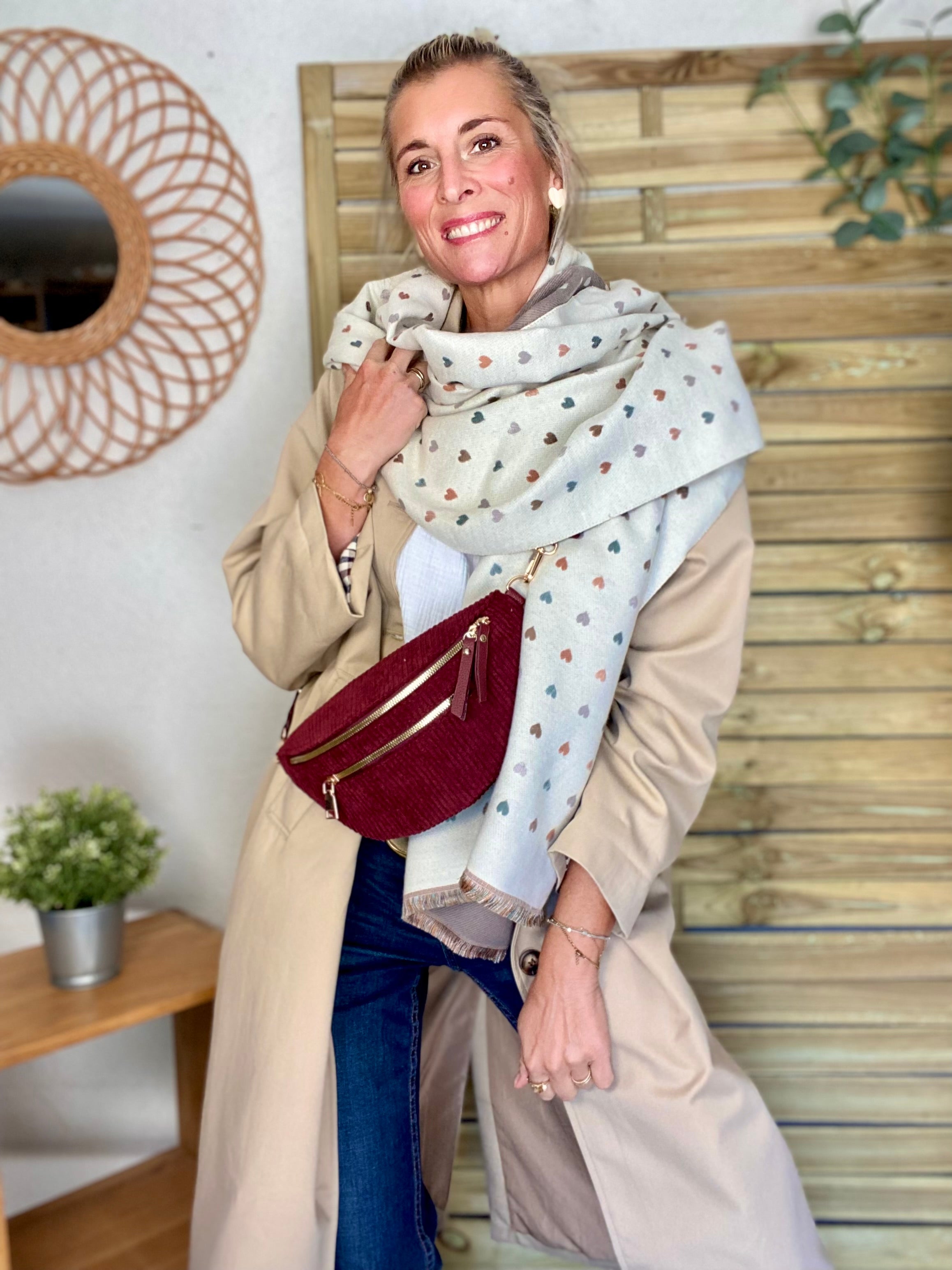 Écharpe douce réversible Coeurs SIMONE - Beige / Taupe 💙🩷💛