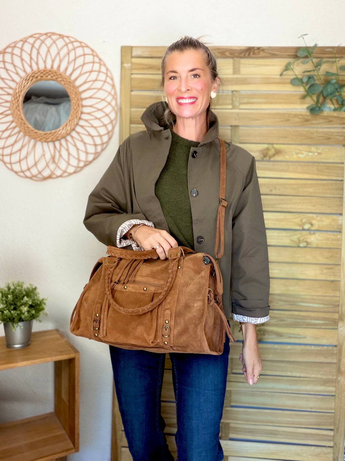 Sac cabas XL en cuir daim • HUNTER Camel