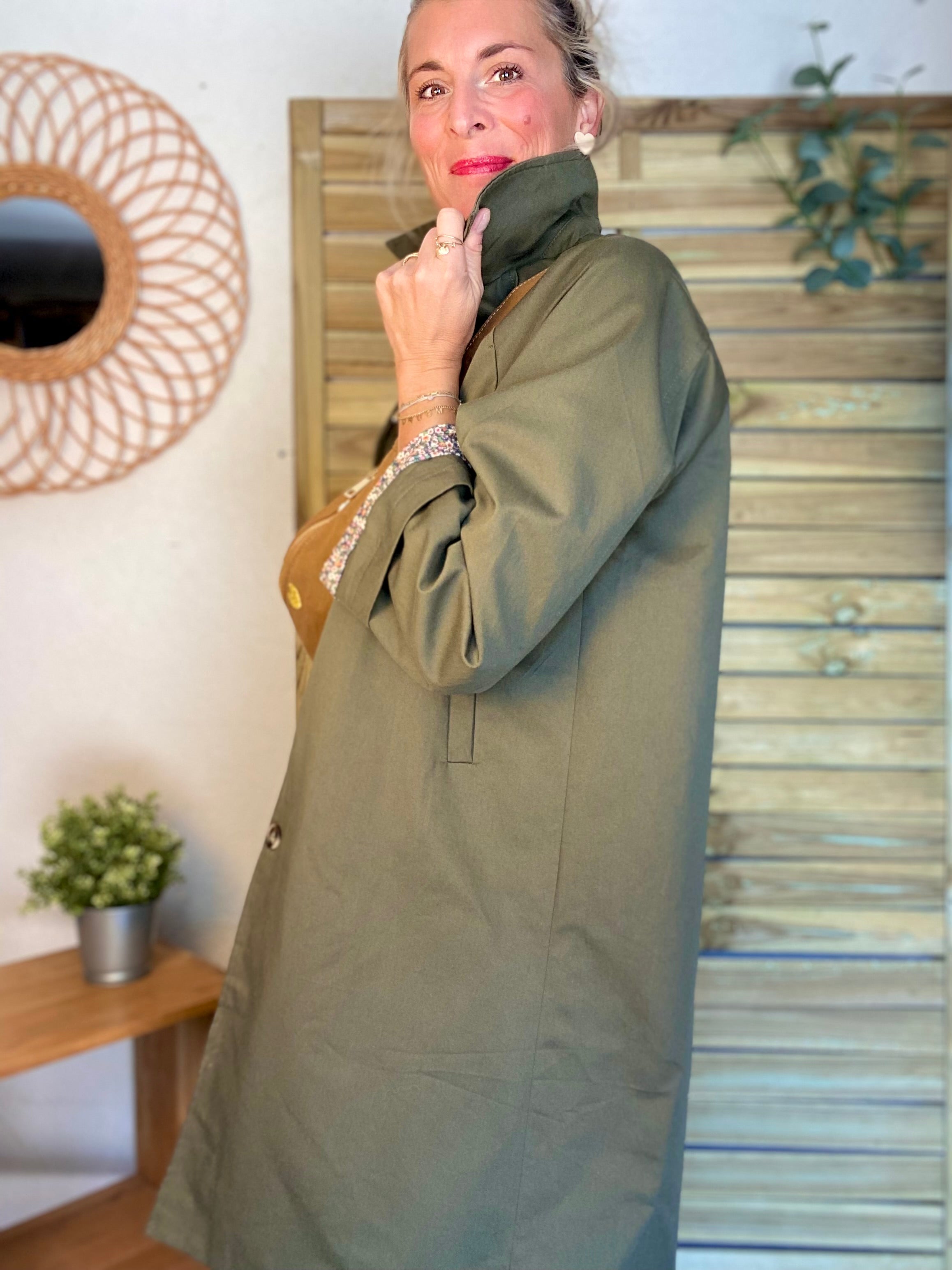 Veste Trench en coton kaki avec Liberty - MAHAUT LONG