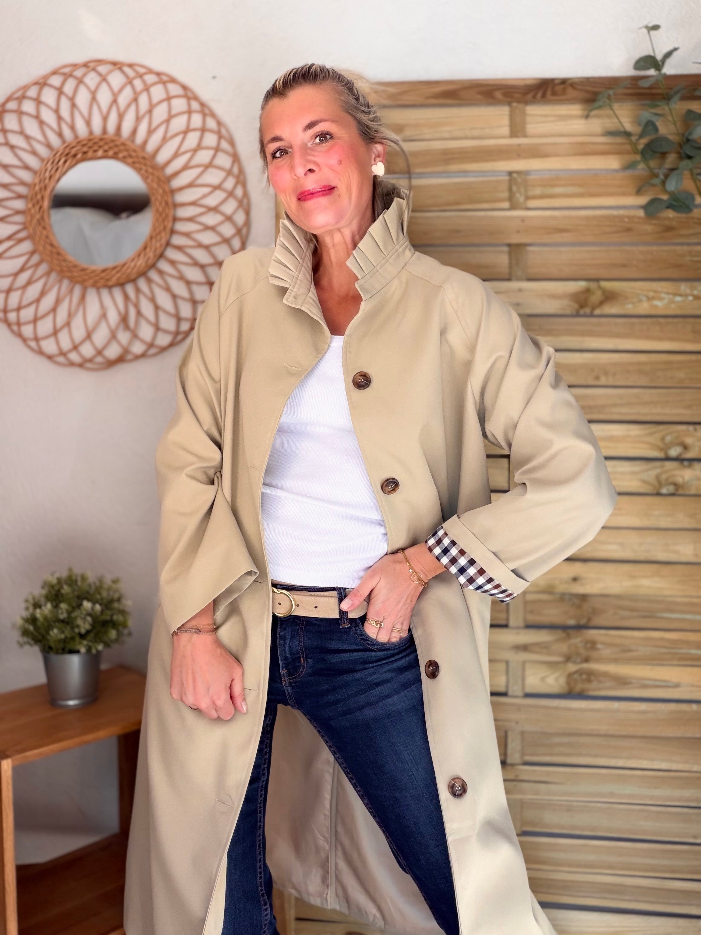 Veste Trench col victorien avec vichy - VICKY LONG Beige