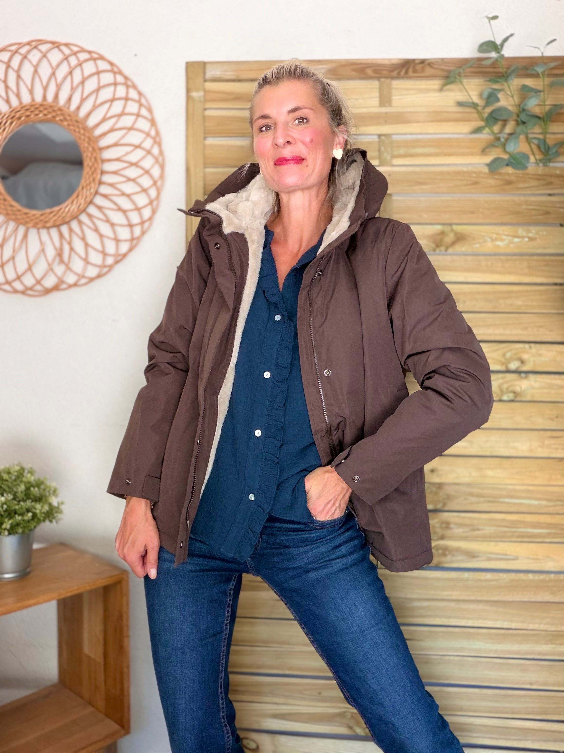 LAURA JO - Parka fourrée imperméable AMBRE MI-LONG - Chocolat / Beige