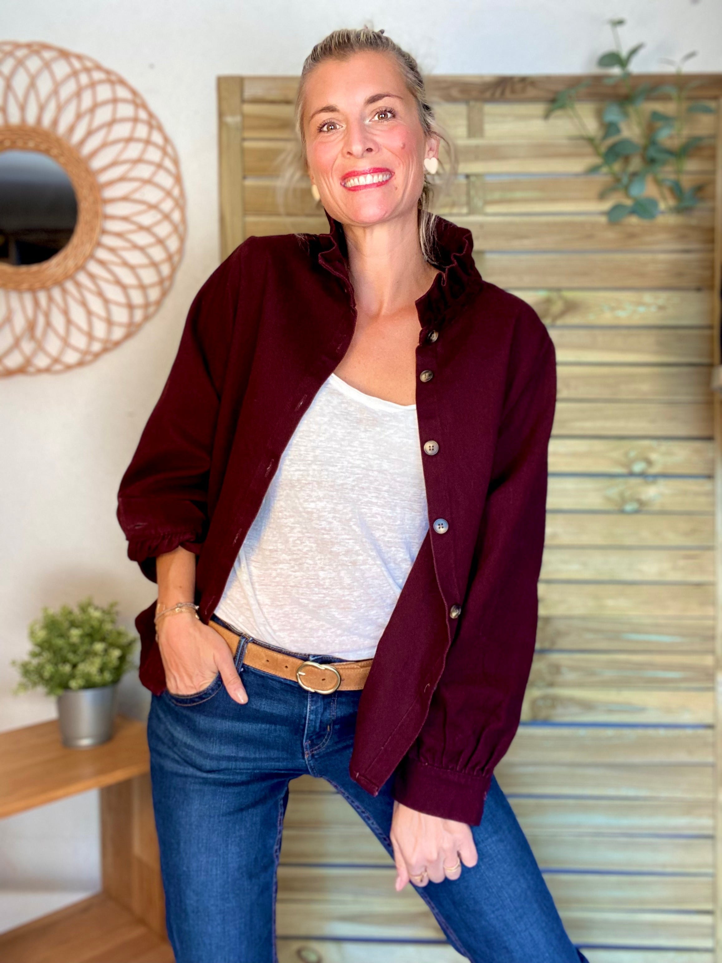 Veste / Chemise en coton, col victorien volanté LISA - Prune