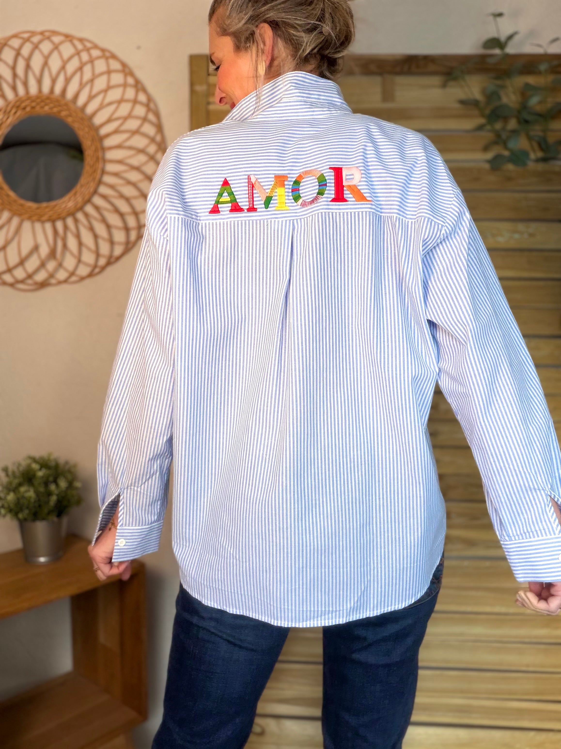Chemise rayée brodée AMOR bleue ❤️☀️ SHANIA