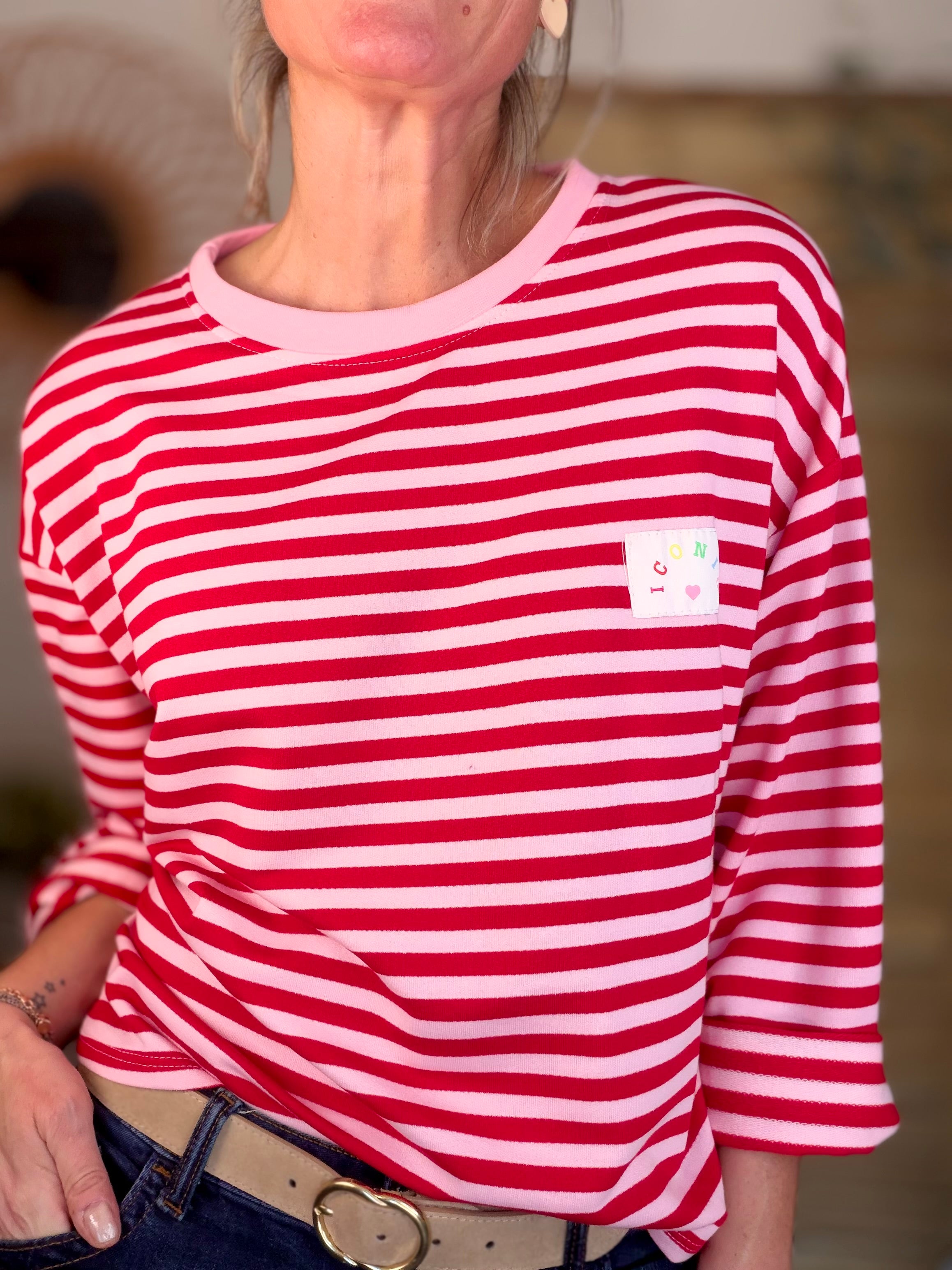 Sweat fin rayé ample Iconic CORALIE - Rouge / Rose