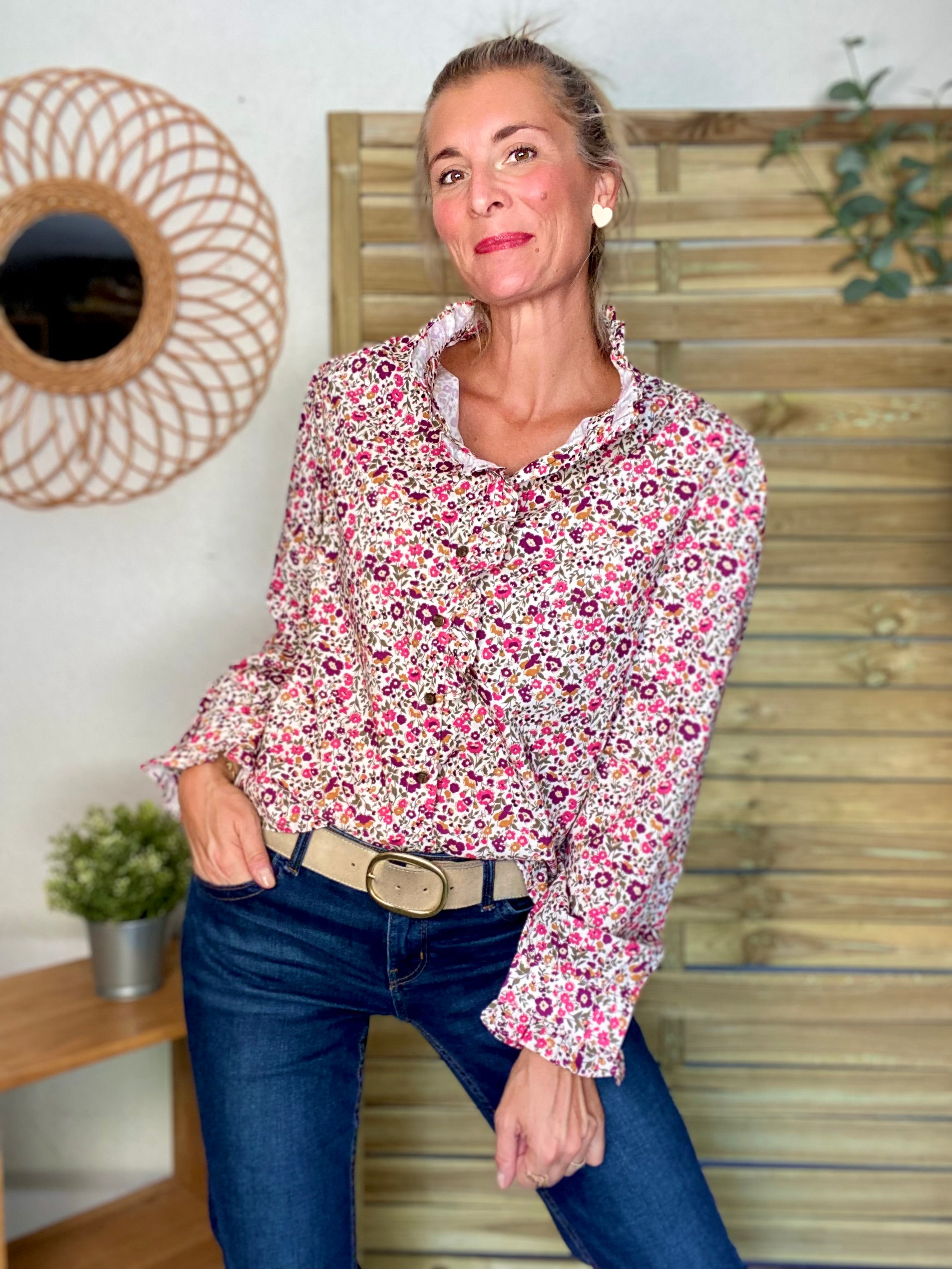 Chemise imprimé Liberty rose, col victorien volanté HÉLOÏSE