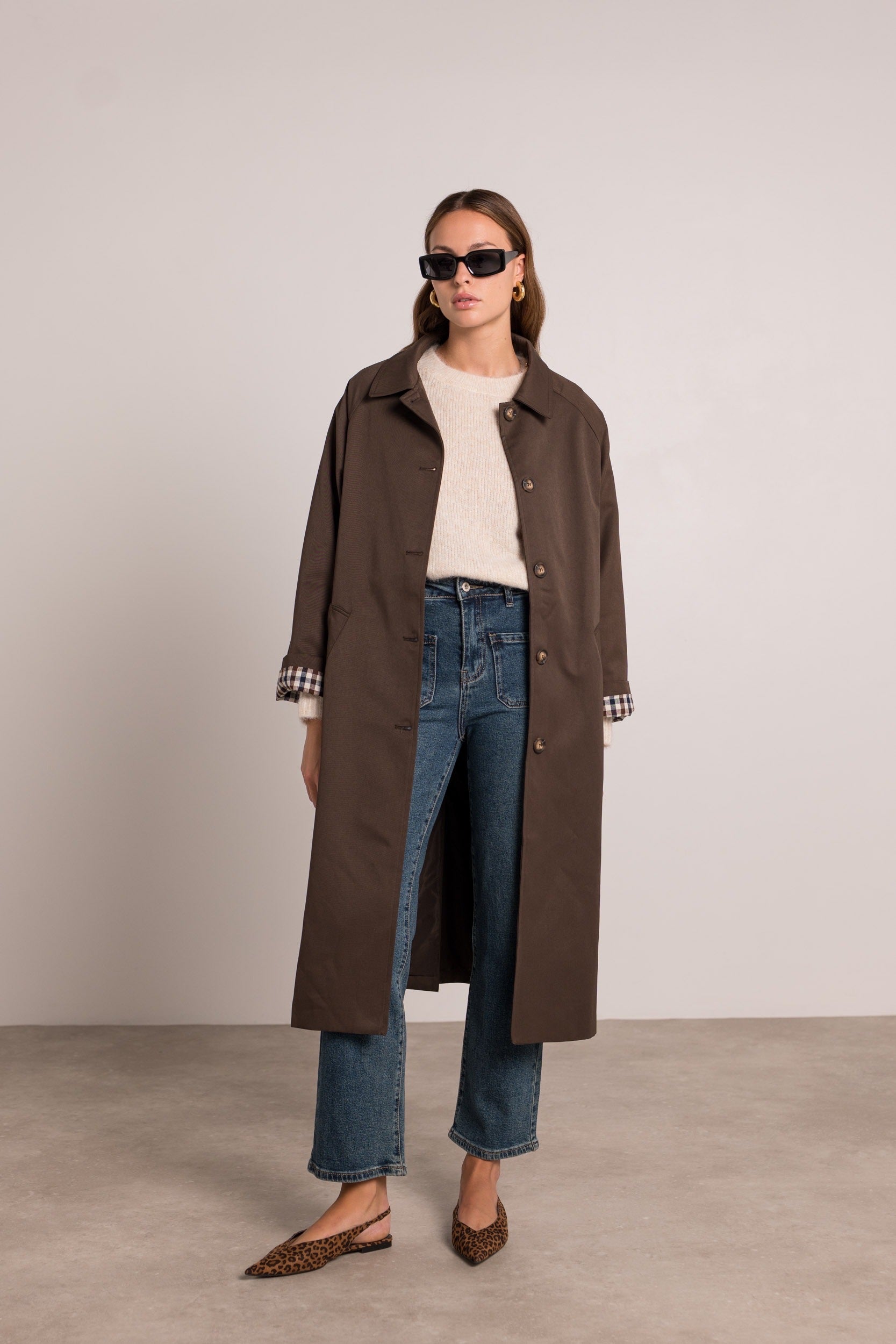 Veste Trench en coton avec vichy - YSEULT long Chocolat