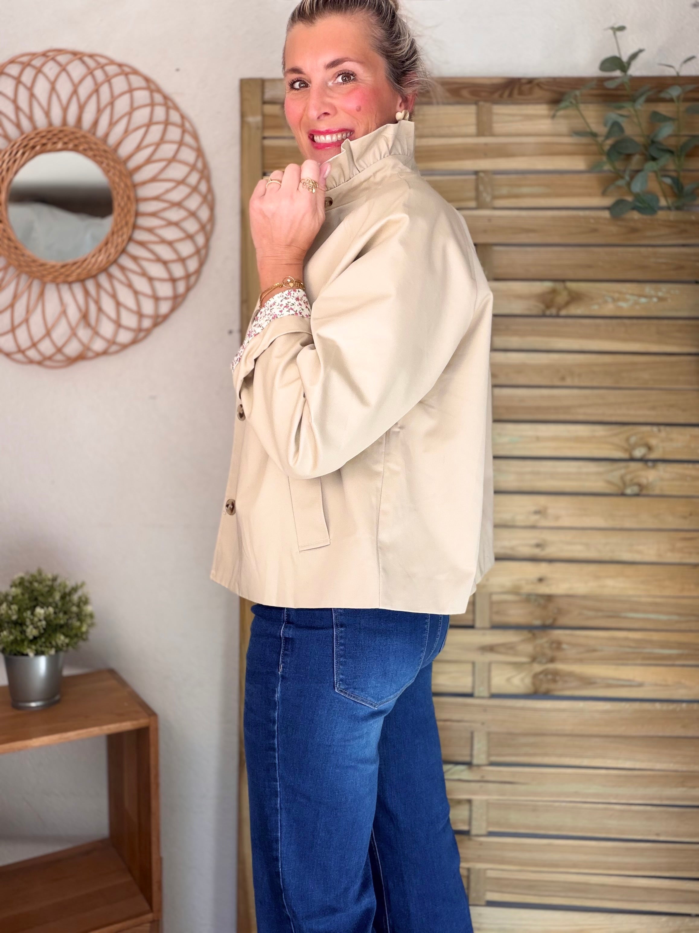 Veste Trench col victorien avec Liberty rose - VICKY Beige