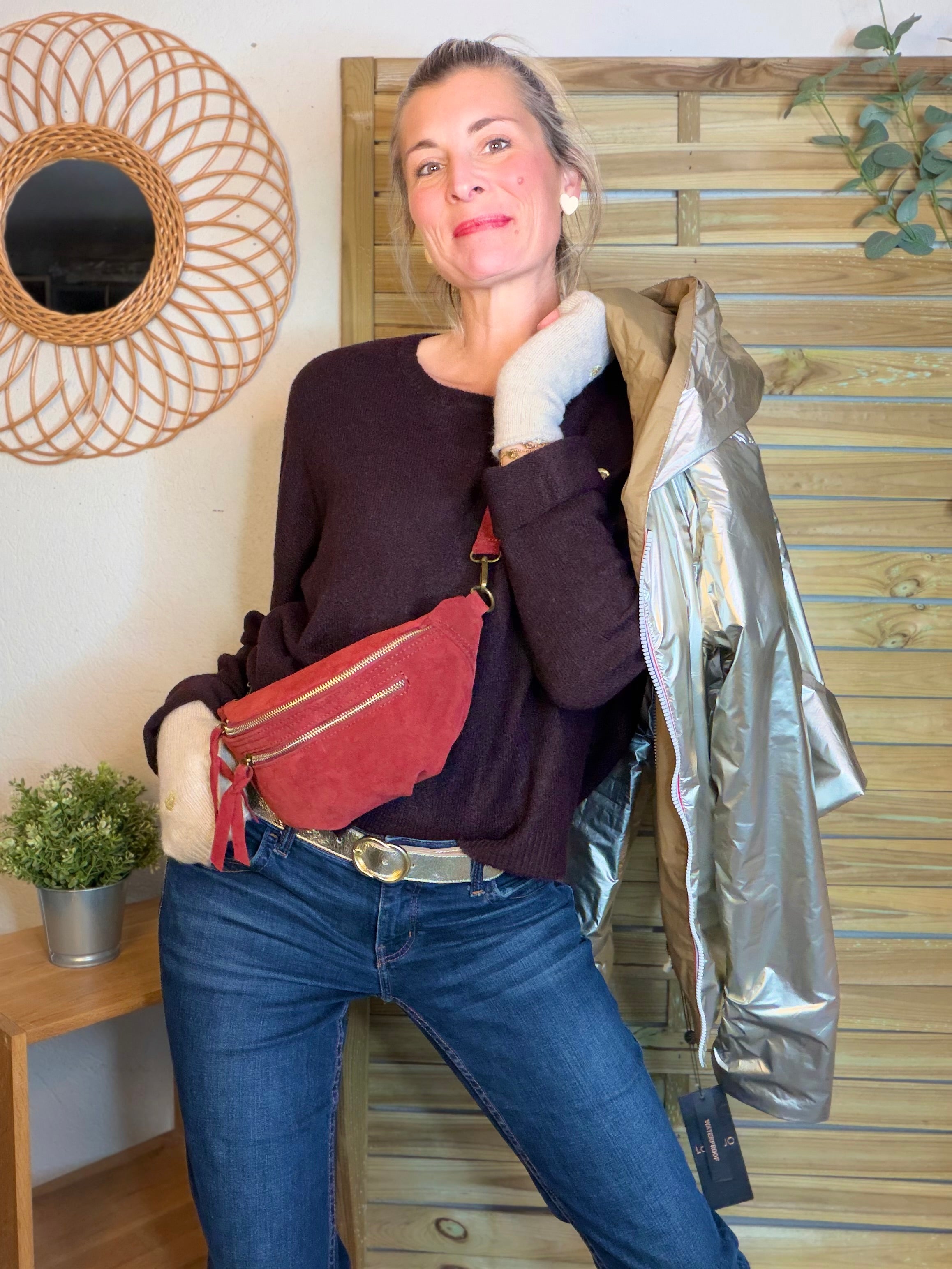 Pull léger en maille cœur doré brodé 💛 MELISSA - Aubergine