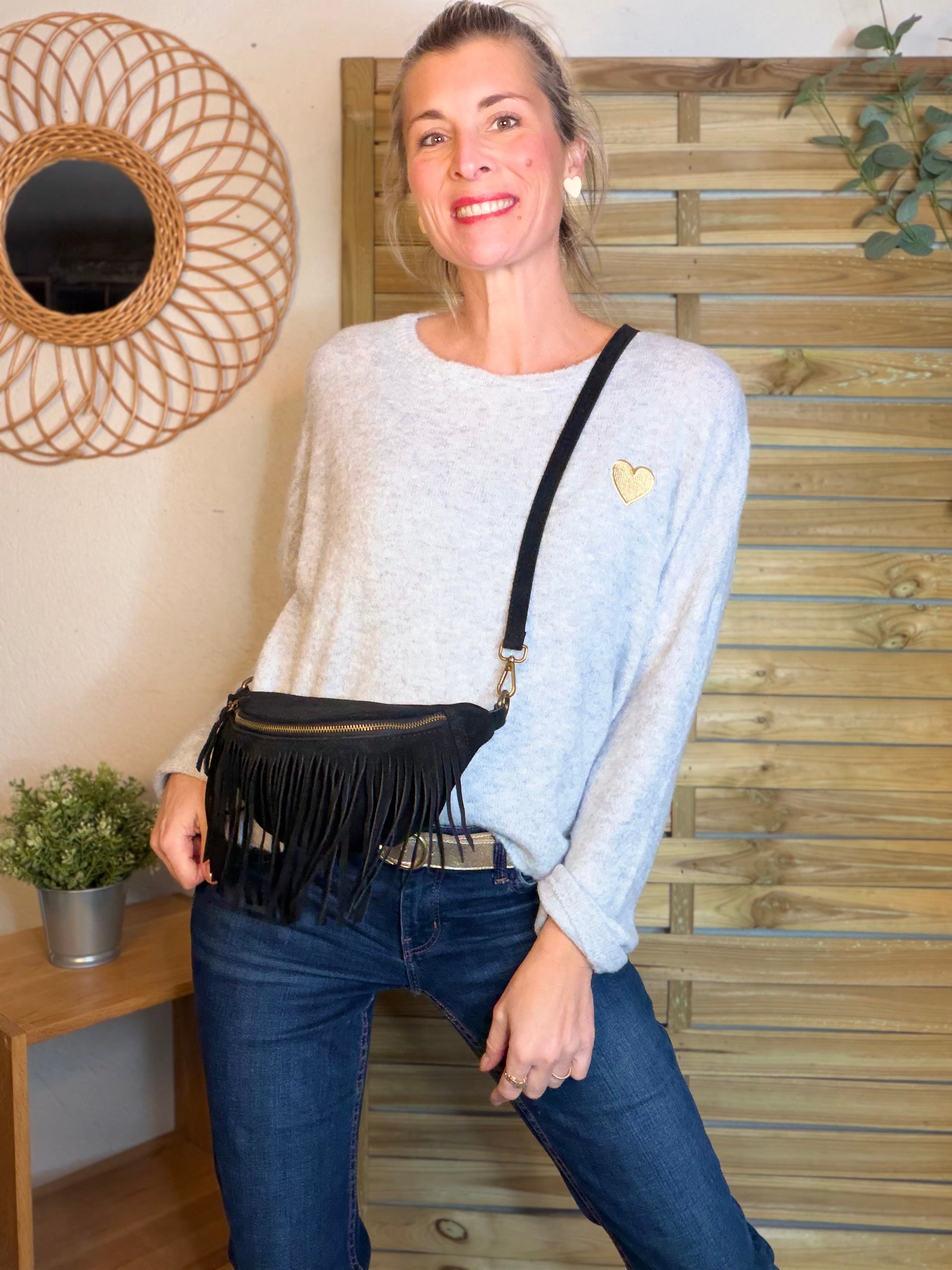 Pull léger en maille cœur doré brodé 💛 MELISSA - Gris chiné