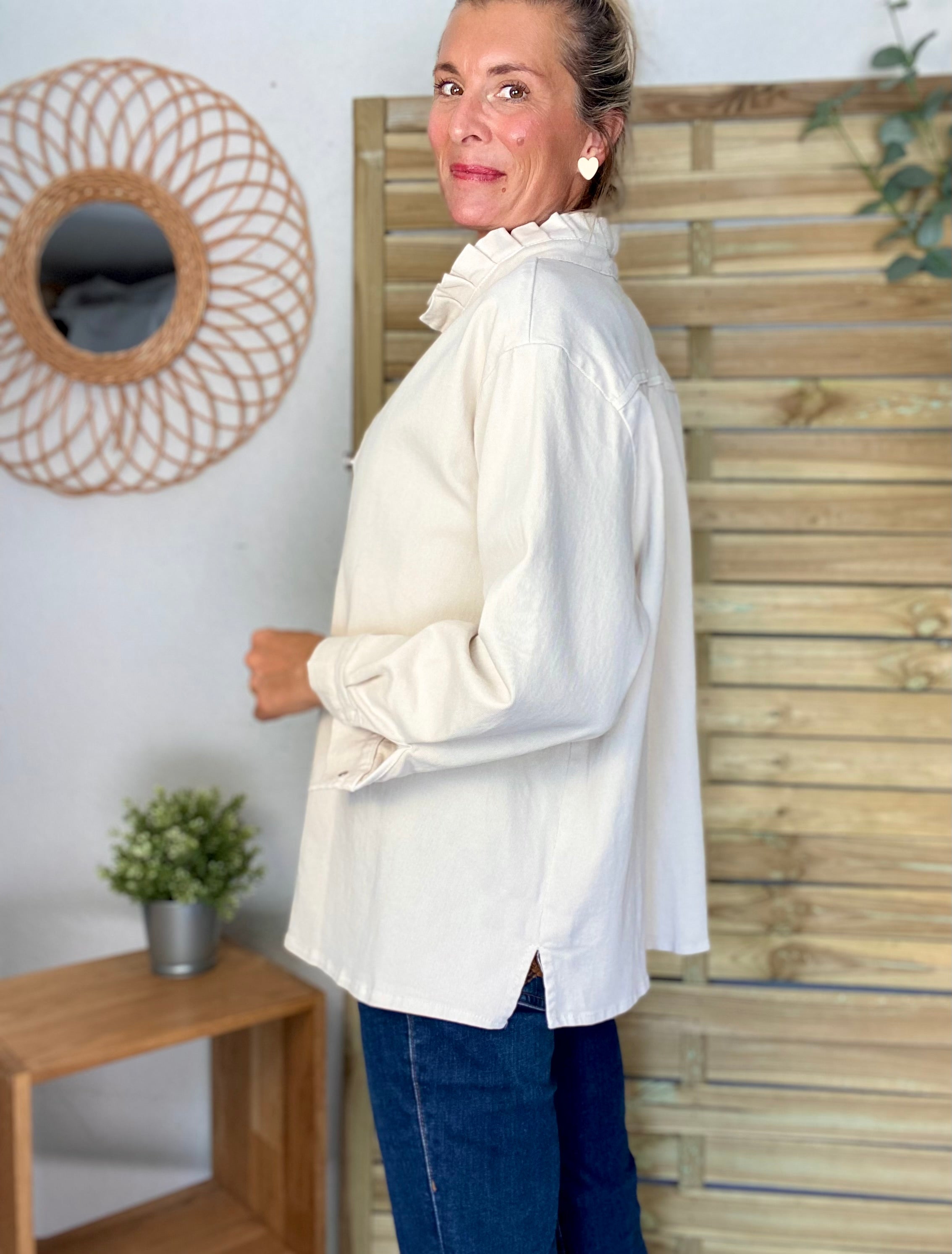 Veste / Chemise en coton, col victorien volanté Beige clair LISON